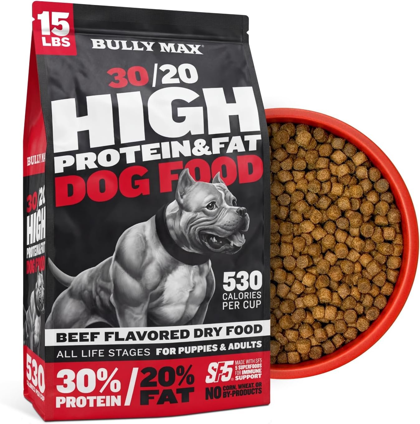 Bully Max High Protein Dry Dog Food 30/20 Beef, 15lb Bag – High Calorie 530 Calories/Cup for Muscle & Weight Gain for Small, Medium & Large Breeds, All Life Stages, No Corn Wheat Soy, Made in USA