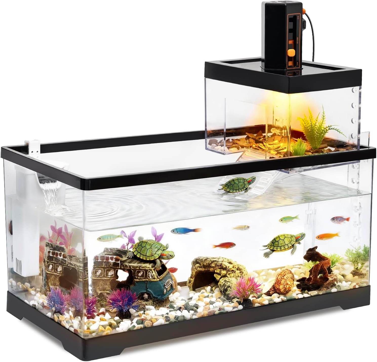 Turtle Tank Kit with Basking Platform,All in One Turtle Aquarium | Double-Layer Space Aquarium,Bottom Drainage Starter Red Eared Slider Habitat for Baby Tortoise,Fish and Small Aquatic Animals