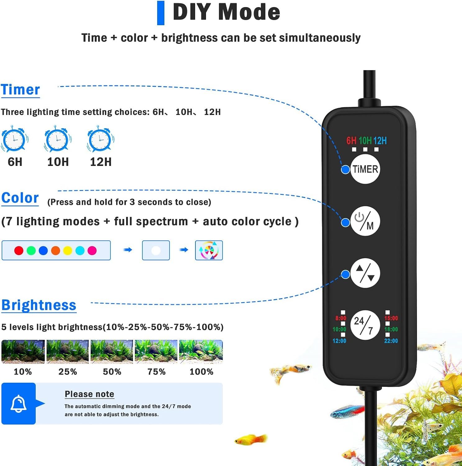 AQQA Clip On Aquarium Light, 24/7 & DIY Mode Full Spectrum Fish Tank Light | Adjustable Timer & Brightness, Memory Function, IP68 Waterproof LED Aquarium Plant Light, Fits 11–16 Inch Tanks