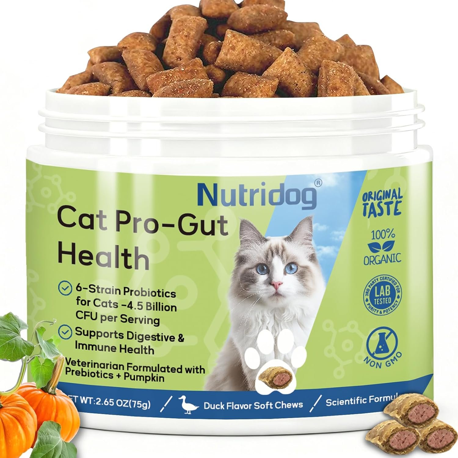 Cat Probiotic for Digestive & Gut Health, Sensitive Stomach | 150 Dual Texture Crunchy & Creamy Bites – Relief for Constipation, Diarrhea with Prebiotics & Taurine – duck flavor