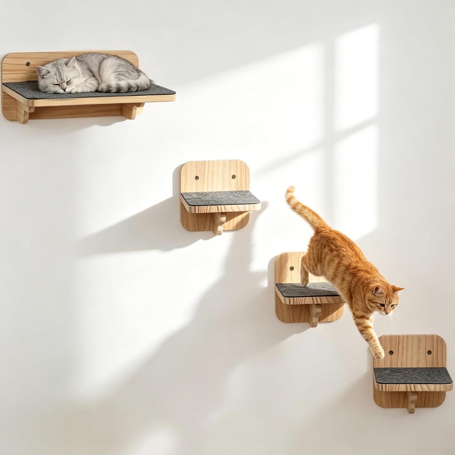 4 Pcs Cat Wall Shelves – Cat Wall Steps with Scratching Mat | Wooden Floating Kitty Stairs for Climbing, Jumping and Napping
