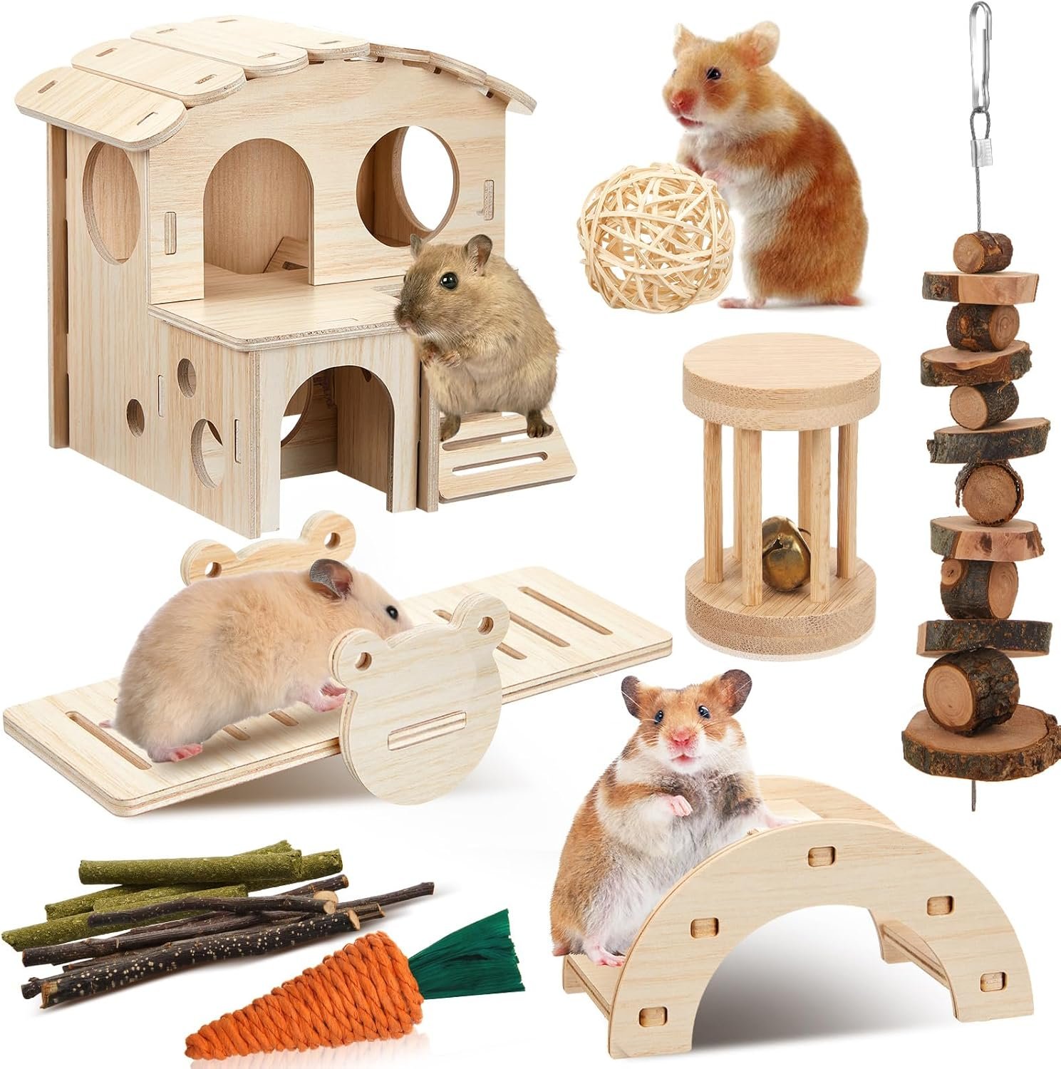 8 Pcs Hamster Cage Accessories Hamster Starter Kit with Maze Wood House, Bridge, Seesaw, Chew Toys Set for Gerbils and Mice Small Animals Habitat Supplies(Fun Villa)