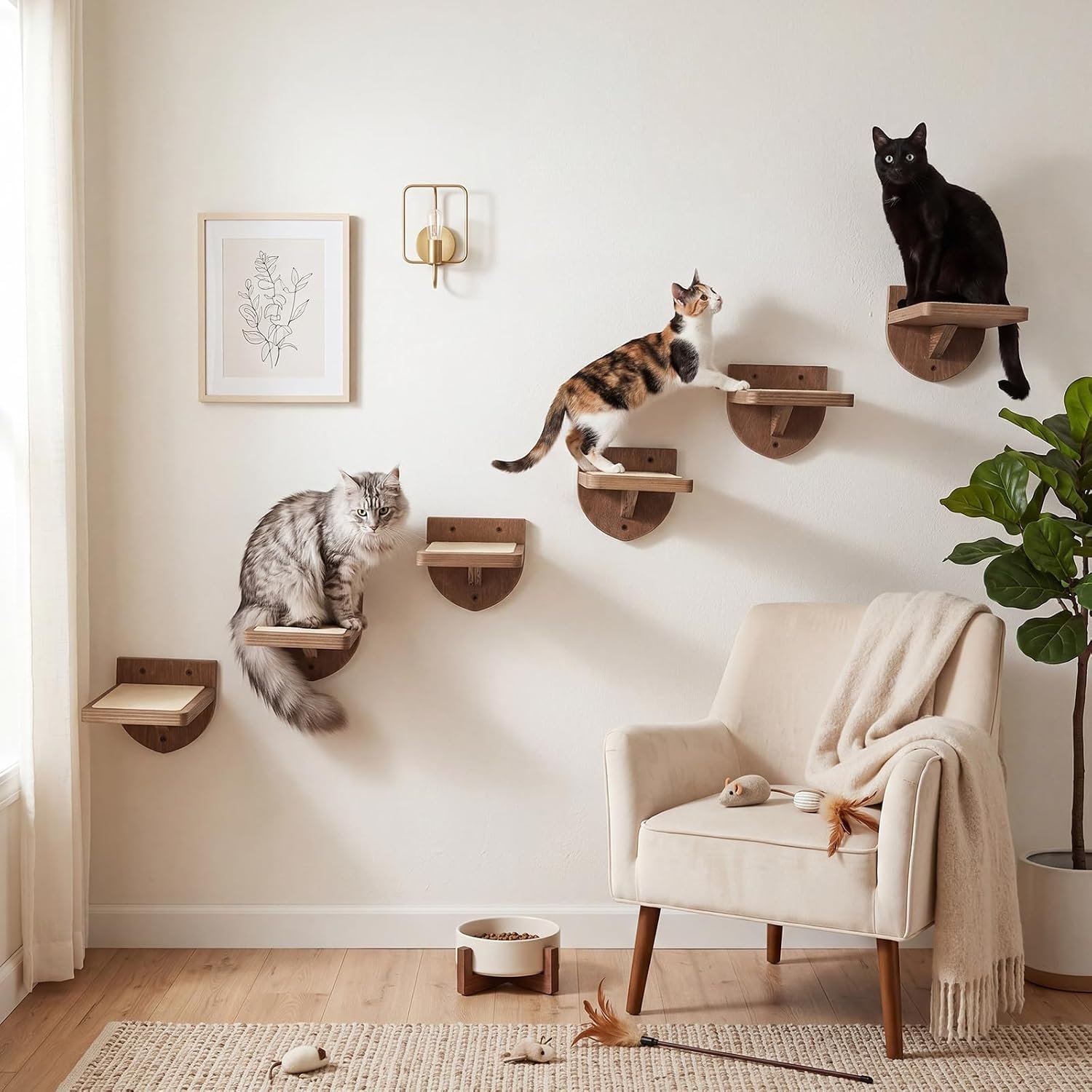 SiliFine Set of 6 Dark Brown Cat Wall Stairs, Climbing Steps, Cat Wall Shelves Perch with Fixtures and Felt 8.7″x4.7″ Stairs Natural Birch Wooden | Floating Steps for Playing Climbing