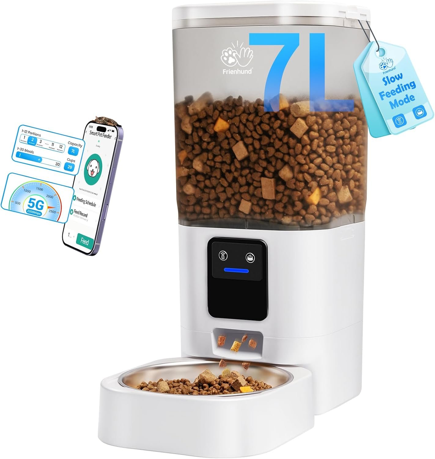 Automatic Cat Feeder with 5G WiFi: Automatic Dog Feeder with Slow Feed & Smart APP Control, 7L Timed Auto Cat Food Dispenser with Alexa for Pets, Detachable for Easy Cleaning – 29 Cups