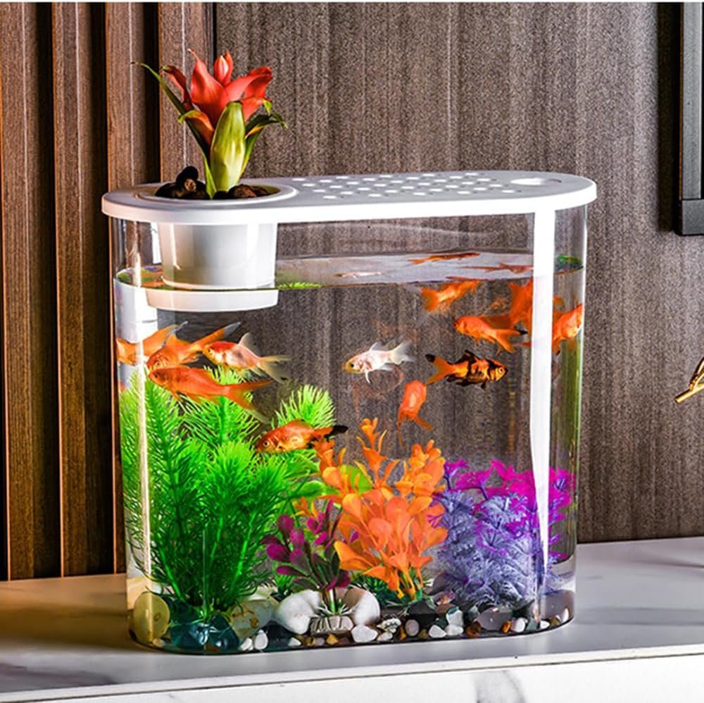 Small Fish Tank 2 Gallon, Desktop Mini Fish Tank, Kits Betta Fish Tank | include Decor Stones and Water Grass Decorations for Home or Office