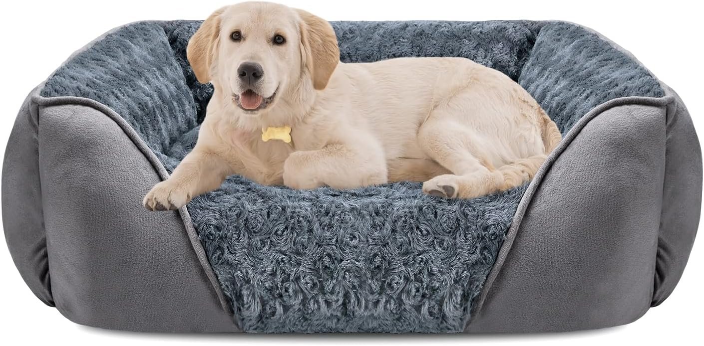 Large Dog Bed for Large Medium Small Dogs, Rectangle Washable Orthopedic Dog Bed, Soft Calming Sleeping Puppy Bed Durable Pet Cuddler with Anti-Slip Bottom L(30″x24″x9″)