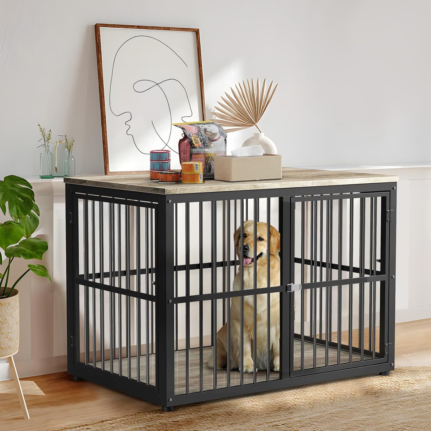 Lyromix 43” XL Dog Crate Furniture with 3 Doors for Medium to Large Dogs | Wooden Kennel End Table, Heavy Duty Indoor Cage for Golden Retriever Labrador, Multiple Units Can be Combined, Grey
