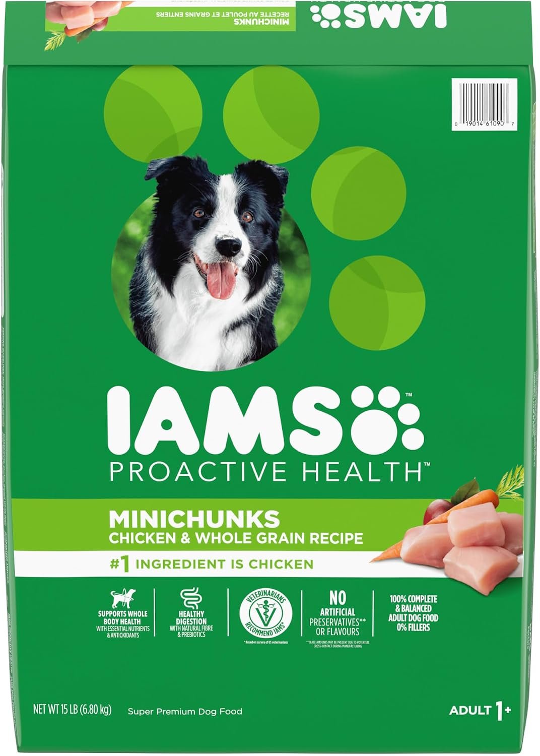 IAMS Proactive Health Adult Minichunks Dry Dog Food, Chicken, 15 lb | Real chicken #1 ingredient, no fillers, natural fiber & prebiotics, Omega-6 fatty acids, antioxidants for immune support