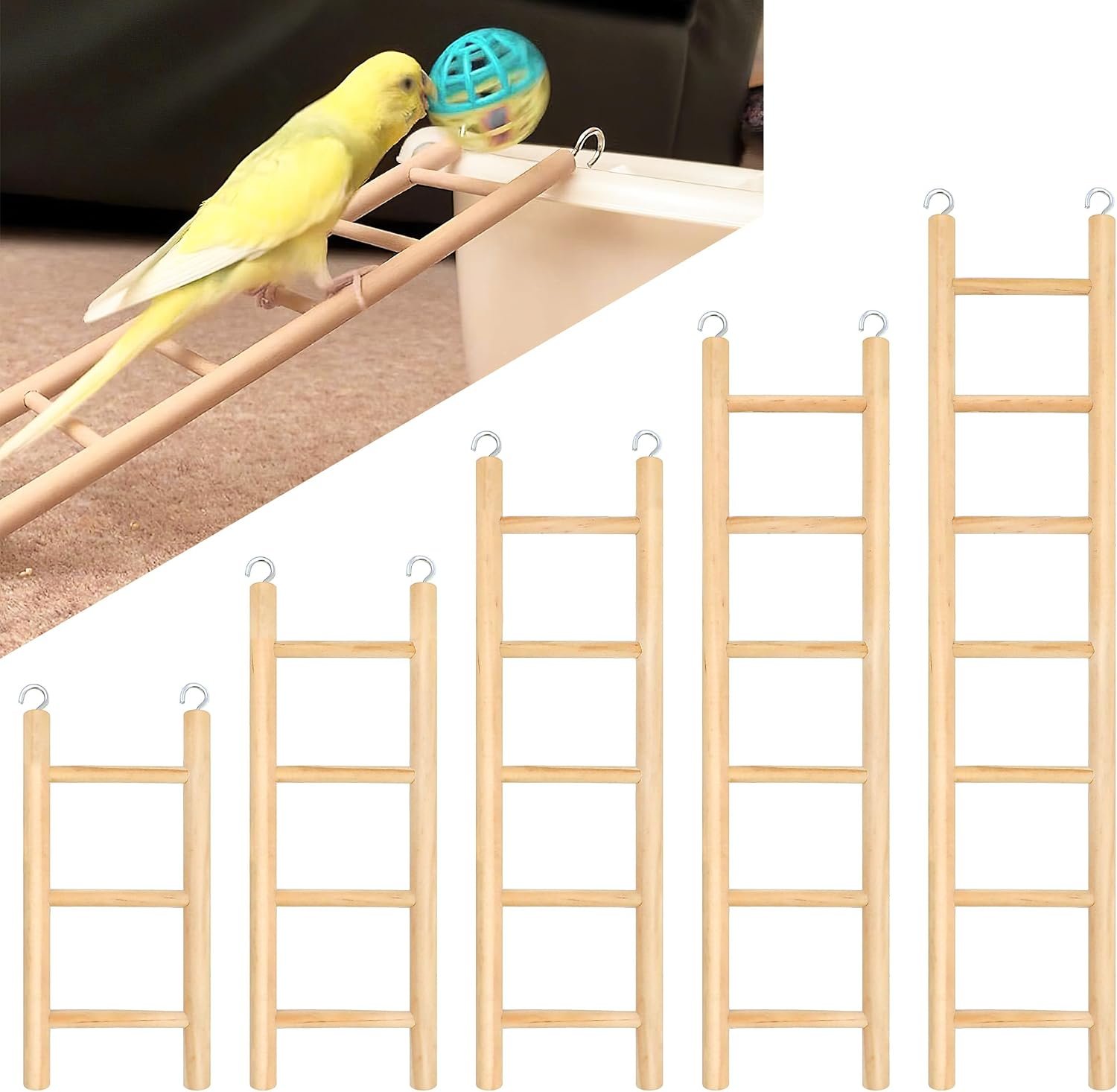 5 Pcs Wooden Bird Ladder for Parrots Cage 5 Sizes | Natural Wood Perch Stand,Parakeet Climbing Toys ,Hanging Pet Cage Accessories,Cockatoo Cockatoo Exercise Play