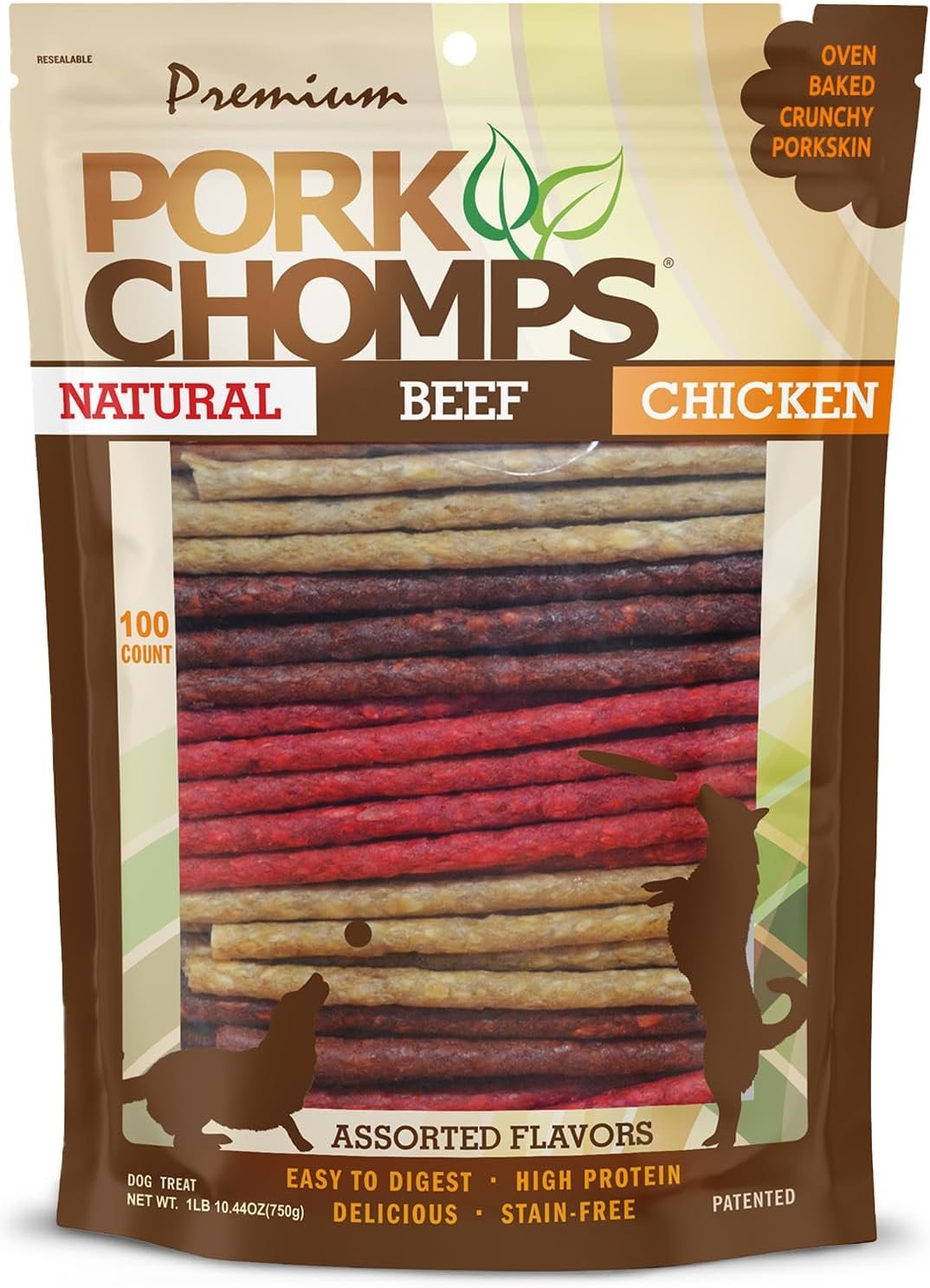 Pork Chomps Dog Chews, 5 Inch Munchy Sticks, 100 Count – Assorted Flavors: Roasted Pork, Chicken, & Bacon – Long-Lasting Treats for Dogs – High Protein, Low Fat, Healthy & Delicious Chews (1 Pack)