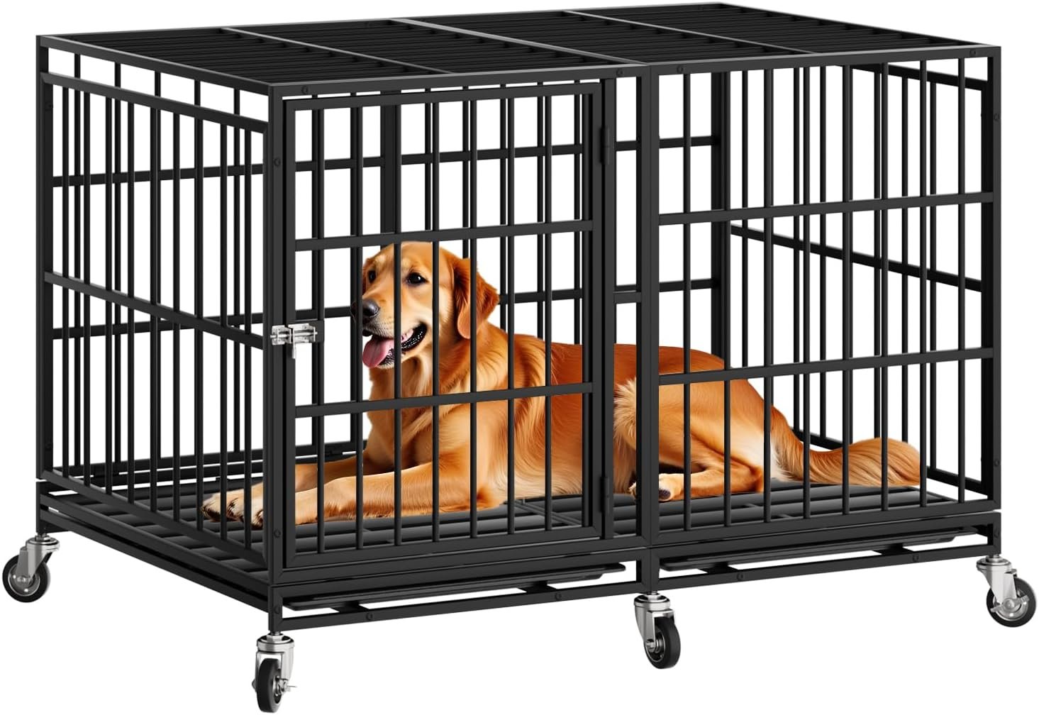 Snuowu 48 Inch Heavy Duty Dog Crate with Wheels，Indestructible Escape-Proof Dog Cage for Large Dogs, Extra Large XL XXL Indestructible Dog Crate with Removable Tray (Patent Authorization)