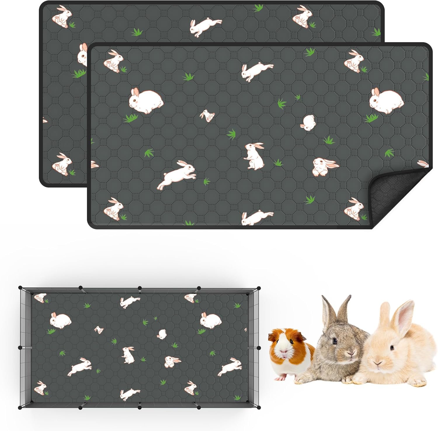 2-Pack Guinea Pig Cage Liner, 24″ x 47″ Reusable Guinea Pig Bedding Washable Absorbent Pee Pads for Dogs Rabbit Chinchilla Hamster, Leakproof & Anti Slip
