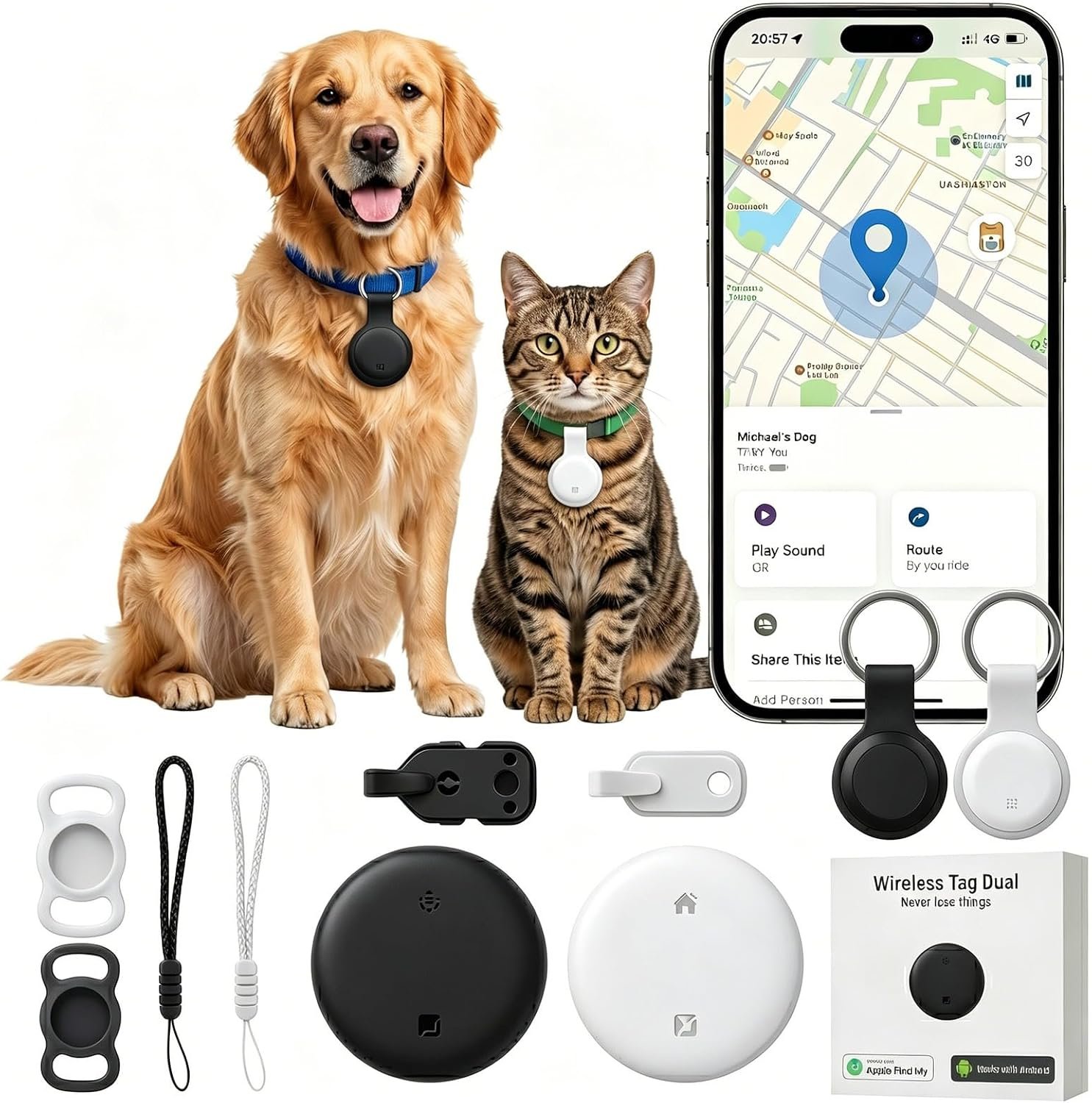 2026 Upgraded Pet GPS Tracker, 2 Pack, for Dogs, Cats & Small Animals, No Monthly Fee, IPX6 Waterproof, Works with Apple Find My & Google Find Hub, 365-Day Battery Life, Compatible with iOS & Android
