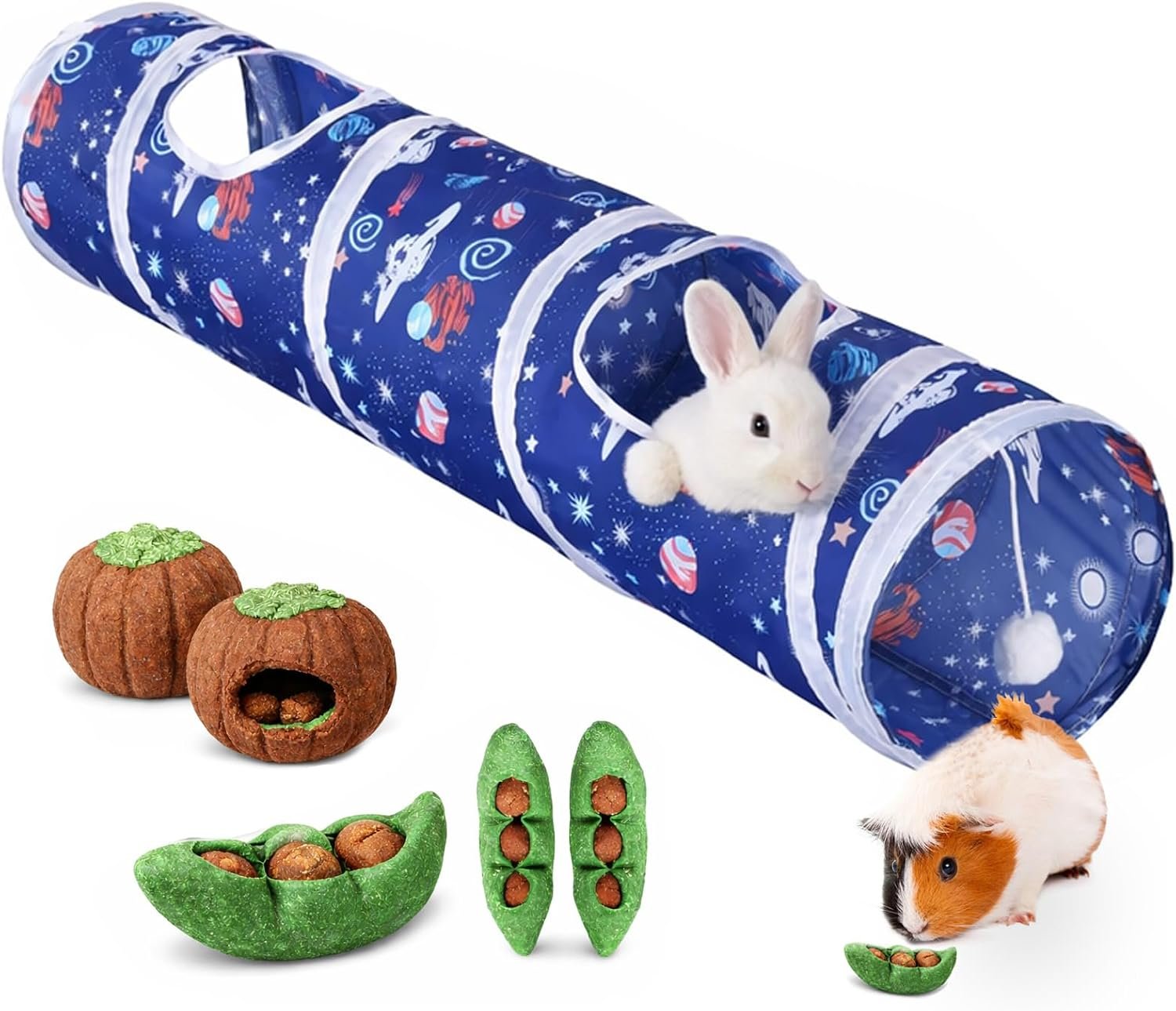 HERCOCCI Bunny Tunnel, Collapsible Rabbit Toys Hideout Tunnels & Tubes with Chew Toy Set for Guinea Pigs, Chinchillas, Ferrets and Small Pets