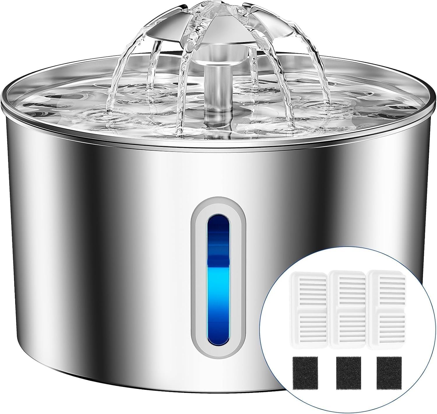 Cat Water Fountain Stainless Steel – 74oz/2.2L Automatic Large Pet Watering Bowl Dispenser for Indoor Dogs – Drinking Fountains with 3 Filter, Gifts for Cats and Kitty – Dog Waterer Bowls No Spill