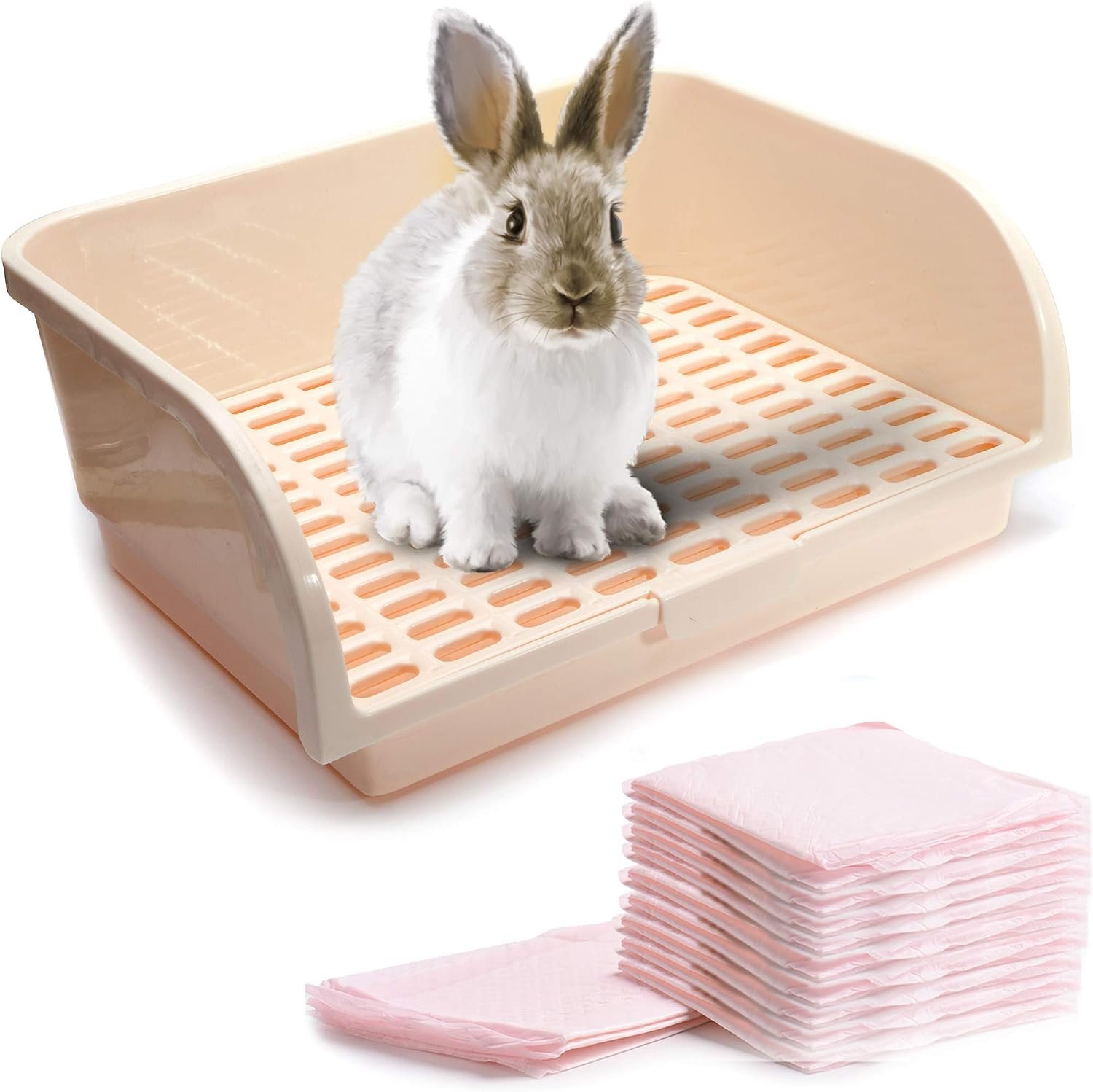CalPalmy X-Large Rabbit Litter Box with 10PCS Bonus Pads, Drawer, Corner Toilet Box 17.3″ x 13″ and Bigger Pet Pan for Adult Guinea Pigs, Chinchilla, Ferret, Galesaur, Small Animals
