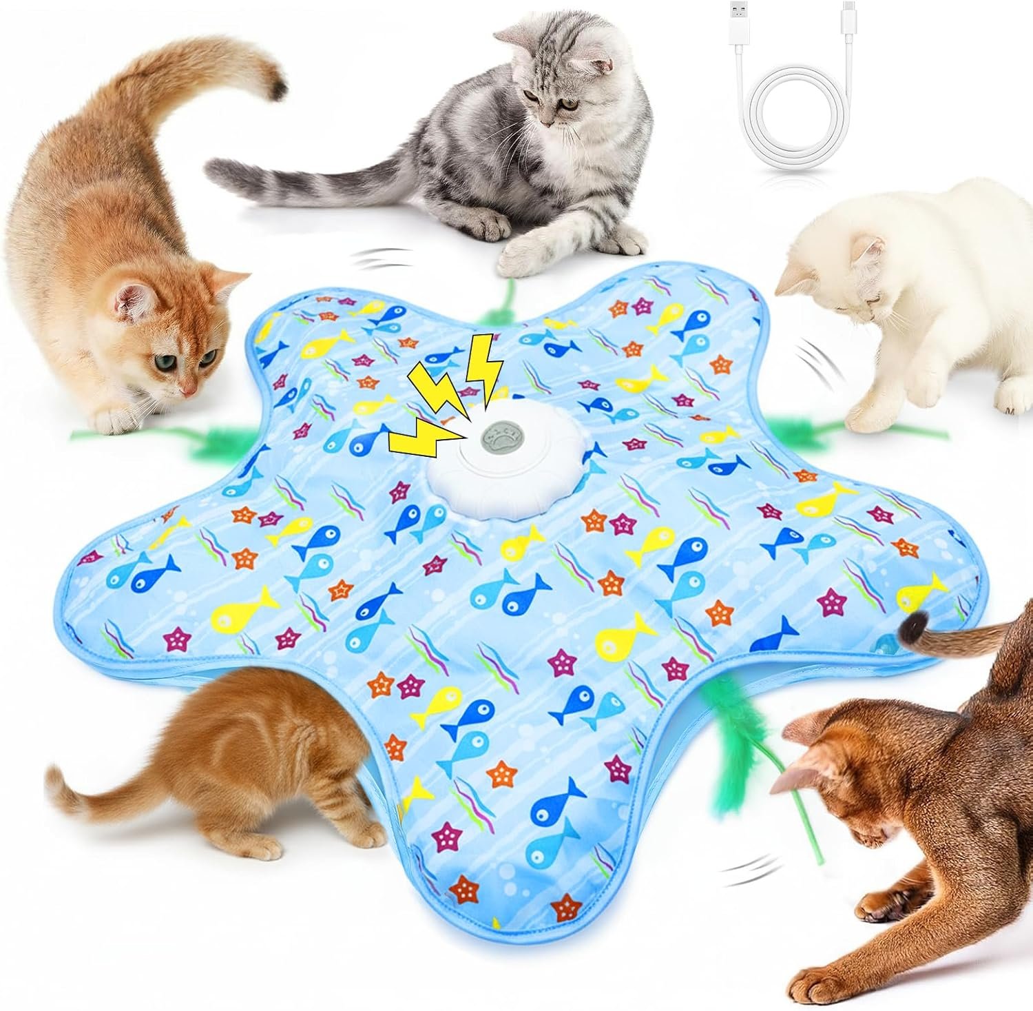 Interactive Touch Activated Hide and Seek Cat Toys for Indoor Cats, Blue | Rechargeable, Automatic Moving Concealed Wand Feather, Real Bird Squeaky