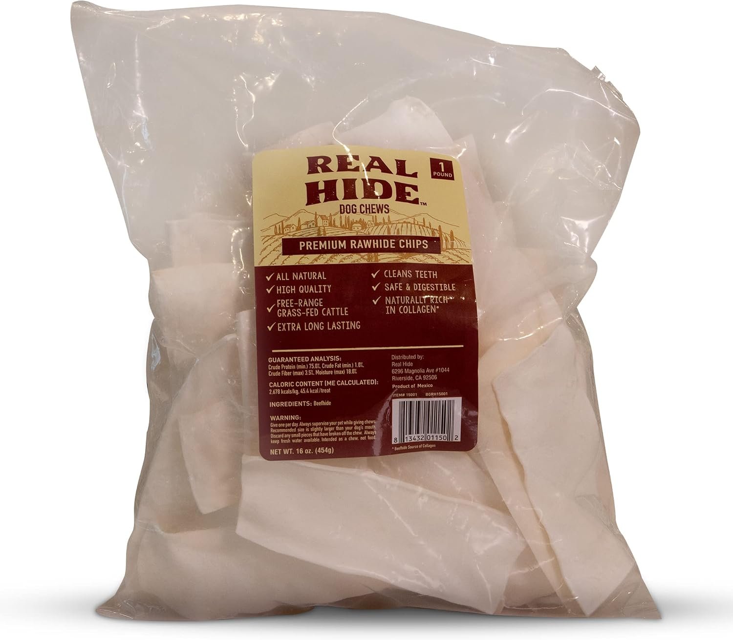 Real Hide All Natural Dog Chew Treats Rawhide Chips 1 Pound | All Natural Chew Treats, Premium Rawhide Chips, Grass Fed Free Range Beef Hide, Long Lasting, for All Dog Sizes