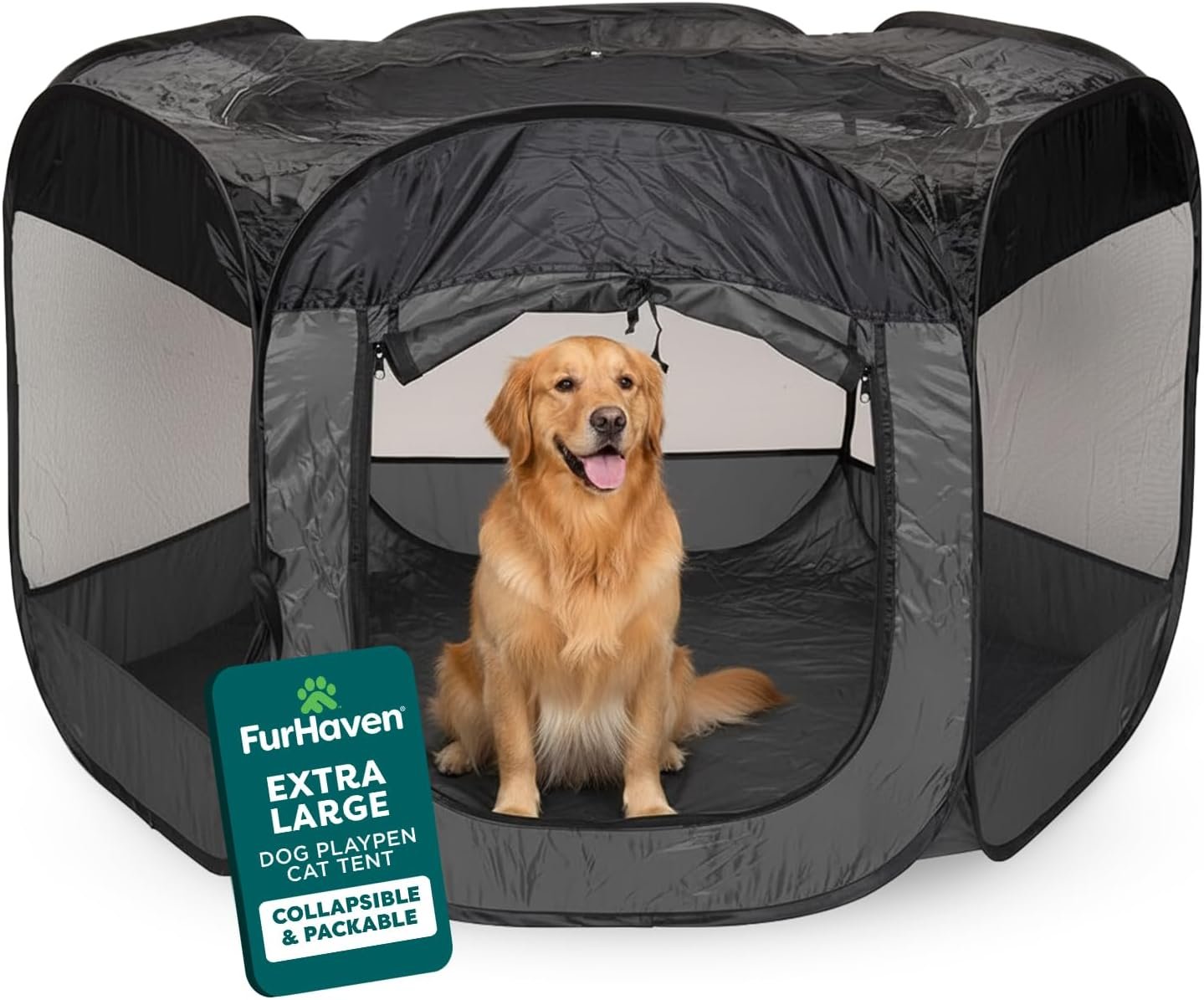 FurHaven Soft-Sided Dog & Cat Playpen, Portable Foldable Indoor & Outdoor Pet Playpen with Mesh Windows & Zippered Door, Gray, Extra Large