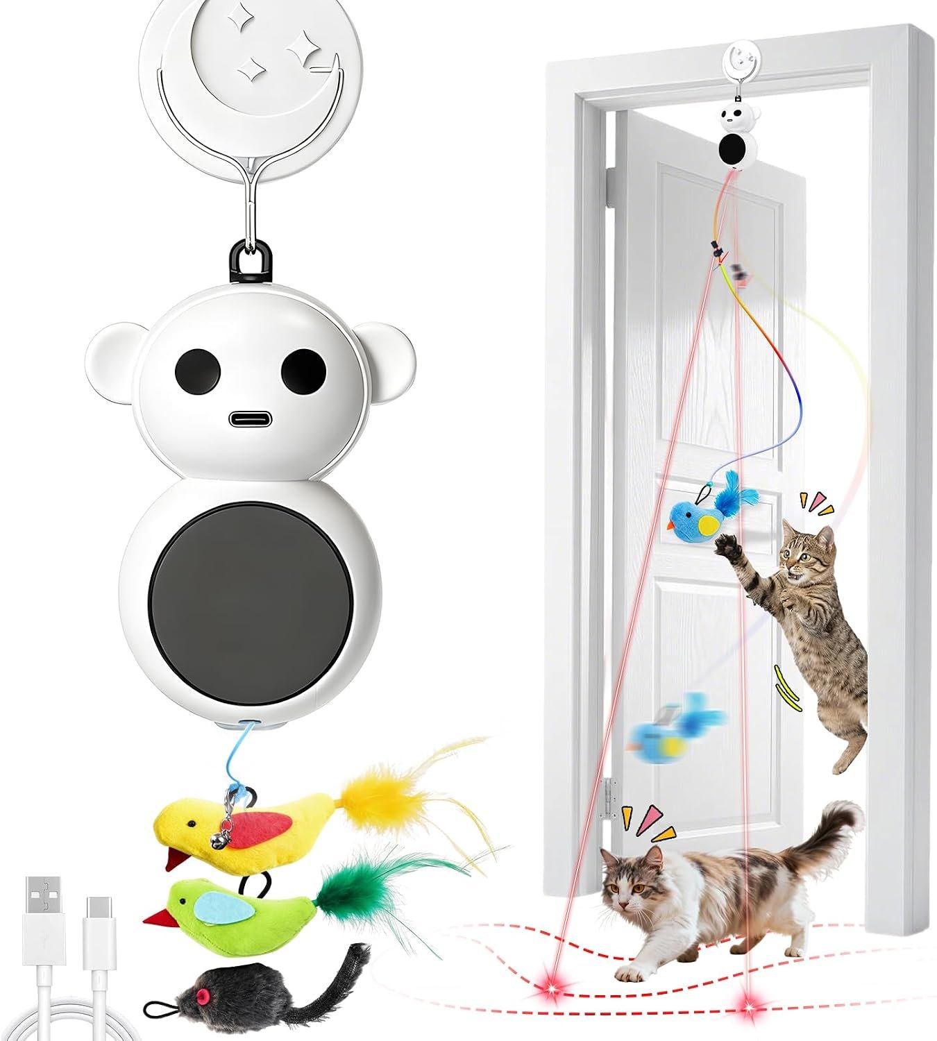 Interactive Cat Toys for Indoor Cats, 2-in-1 Laser Pointer Cat Toy with Automatic Flying Bird & Mouse Wand, Adjustable Speed USB Rechargeable Doorway Hanging Toy for Bored Kittens and Adult Cats
