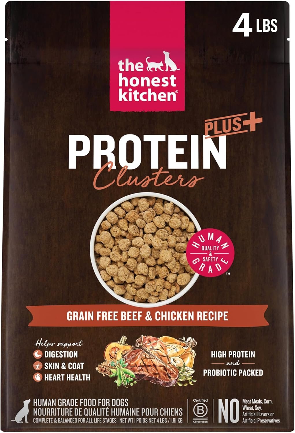 The Honest Kitchen Protein Plus Grain Free Beef & Chicken Clusters, High Protein Human Grade Dry Dog Food, Meal Topper for Dry & Wet Dog Food, Supports Skin, Coat & Overall Wellness, 4 lb Bag
