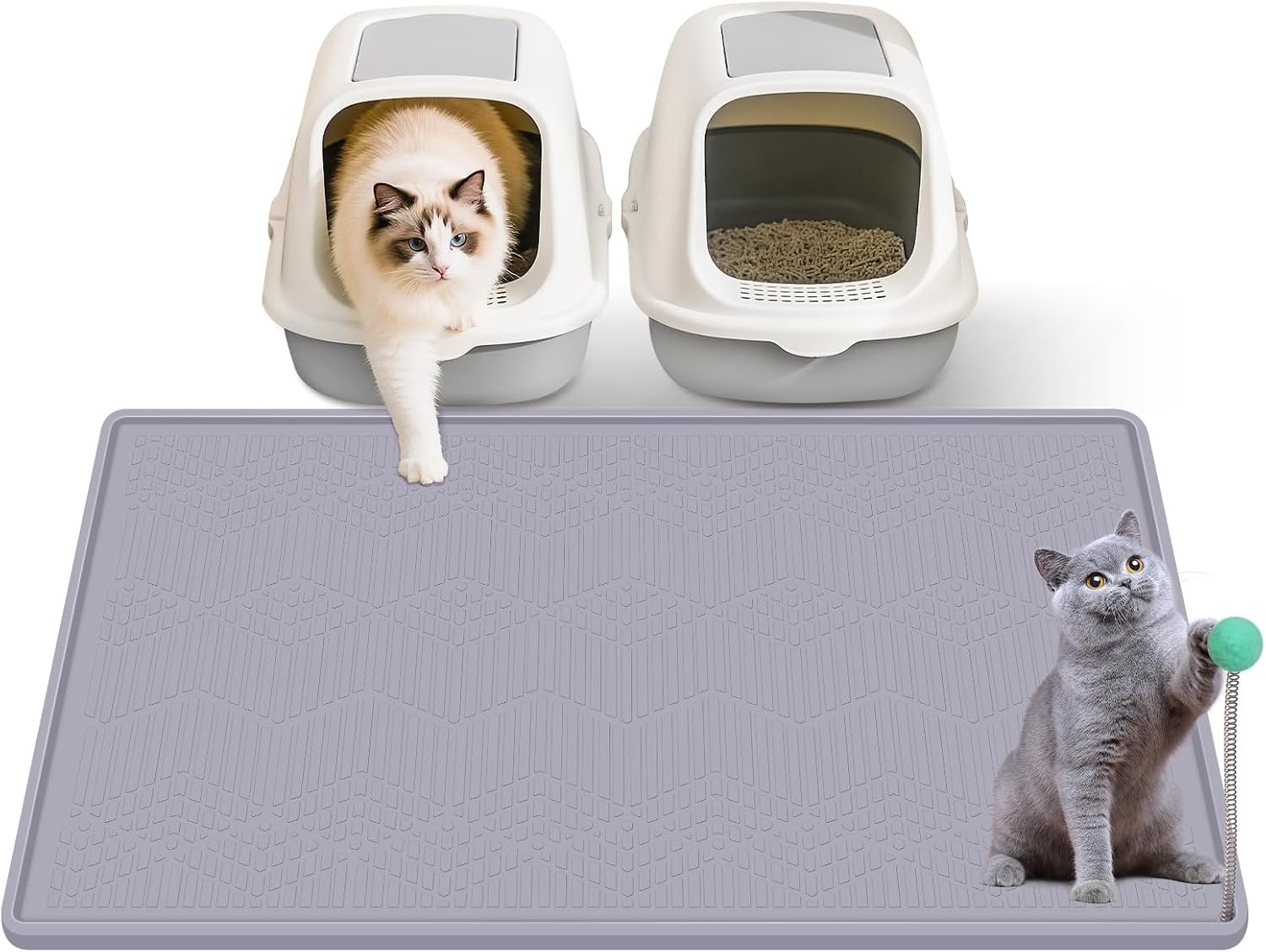 Silicone Cat Litter Mat with Toy, 38×25 Inch Large – Waterproof, Easy Clean Trapping Mat for Kitty Litter Box, Non-Slip Litter Box mat for Hardwood Floors & Carpet Protection (Grey)