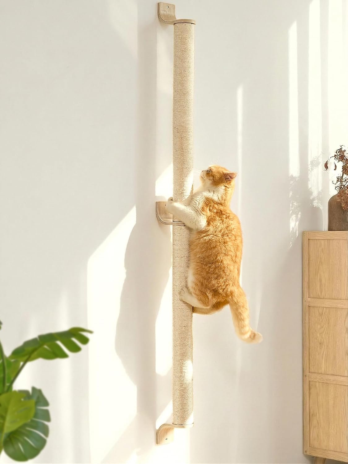 FUKUMARU Cat Wall Scratcher, 60″ Tall Kitten Scratching Post | Natural Sisal Pole, Wall Mounted Climbing Tree for Indoor Large Cats