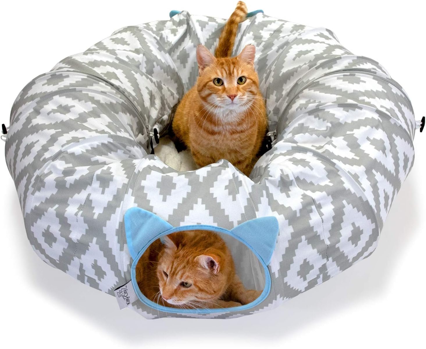 Kitty City Large Cat Tunnel Bed, 2-in-1 Zip-Together Cat Play Tunnel & Plush Nap Bed, Pop-Up Indoor Cat Toy with Hanging Toys, Collapsible Design – White