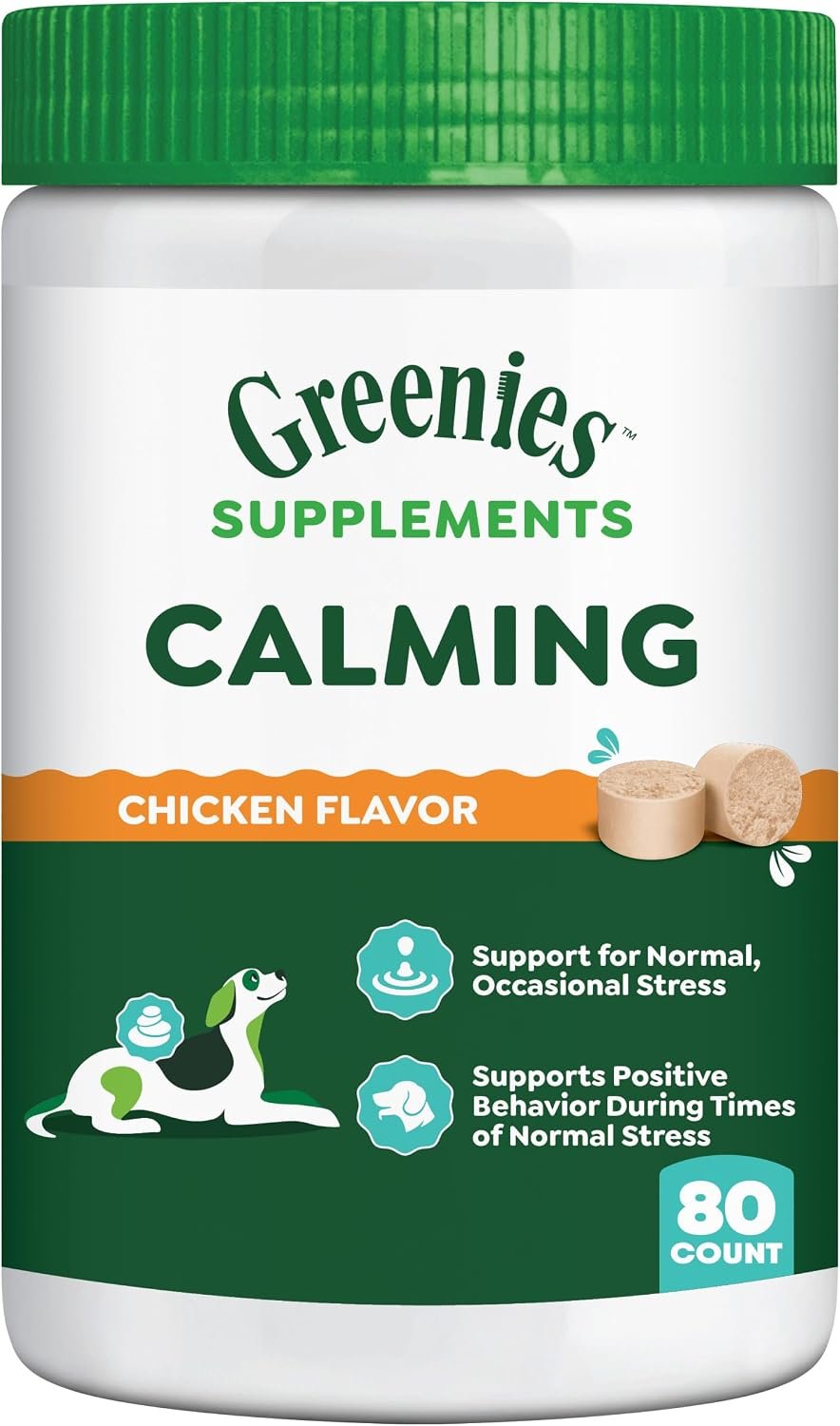 Greenies Supplements Calming Chews for Dogs, Chicken Flavor, 80 Count | L-Tryptophan & L-Theanine, supports positive behavior, made in USA, NASC Quality Seal, real chicken, no fillers