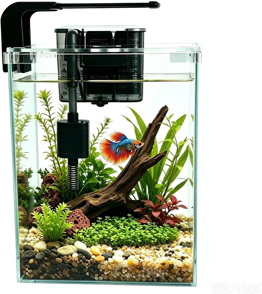 Vimvins 2 Gallon Glass Fish Tank with Lid Filter and Light, Small Betta Aquariums Starter Kit.