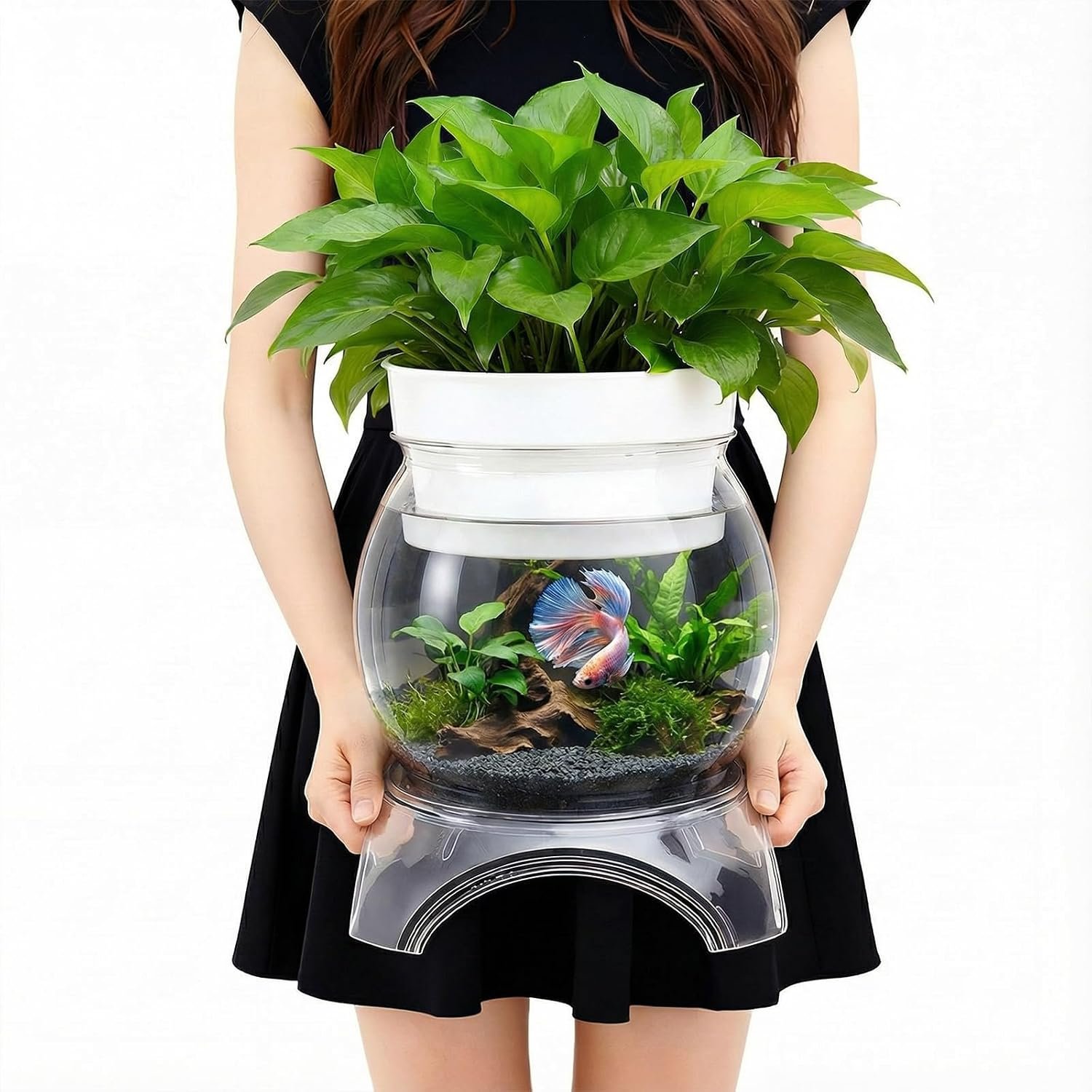1 Gallon Plastic Aquaponic Betta Fish Tank Aquaponic with Base and Top, Large Bowl Shatterproof Ecosystem Aquarium with Clear Clarity for Terrarium, Flower Vase Betta Fish Centerpiece Gifts