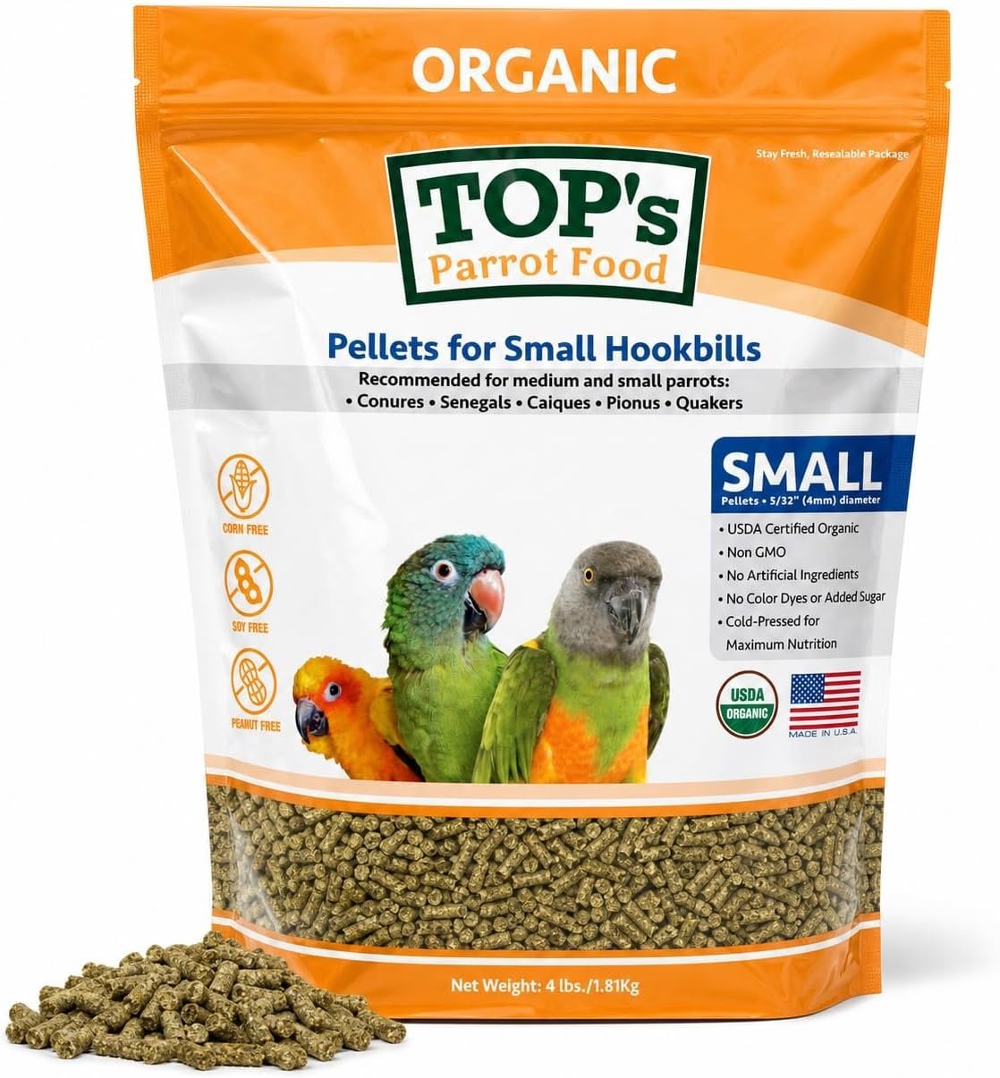 TOP’s Parrot Food Bird Pellets for Small Hookbills – Non-GMO, Peanut Soy & Corn Free, USDA Organic Certified (4lbs)