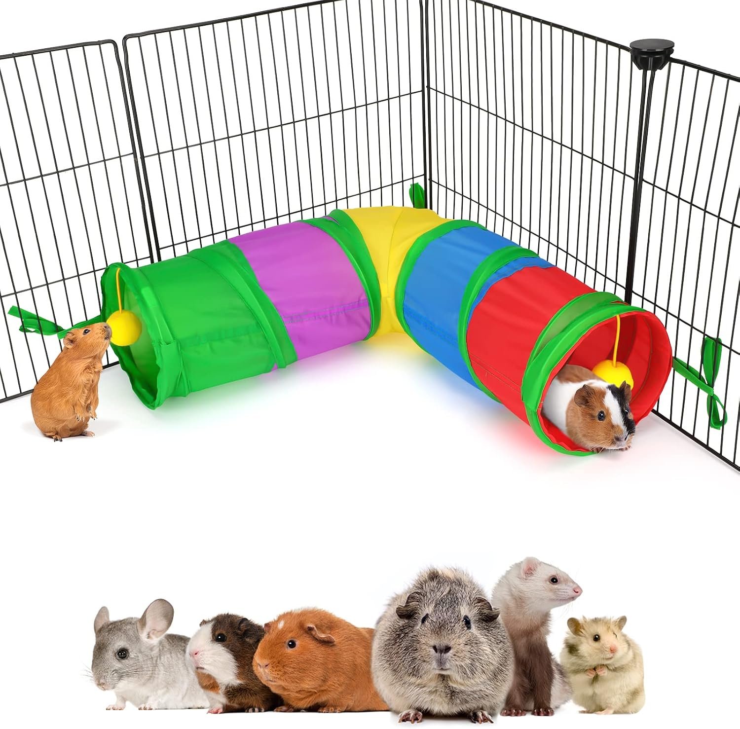 YUEPET Corner Guinea Pig Tunnel, Bunny Tunnel, Small Animal Tubes & Tunnels | Right-Angle Design, Cage Ties, Folds for Storage, Steel Frame Support, Hanging Play Balls, 5.8 in Entrance, Rainbow