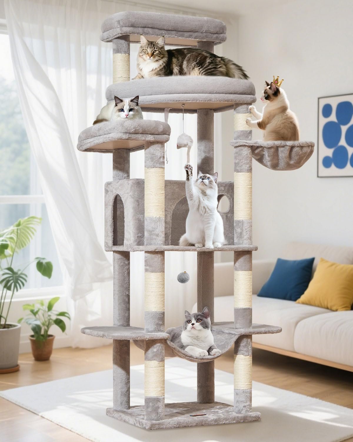 Taoqimiao Heavy-Duty Cat Tree, 71 in Cat Tower for Large Cats 20lbs+ | 3 Giant Multi-Tier Perches, Widened Cat Condo with 9 Scratching Posts, Plush Hammock & Basket, Toys, Light Gray, MS034W
