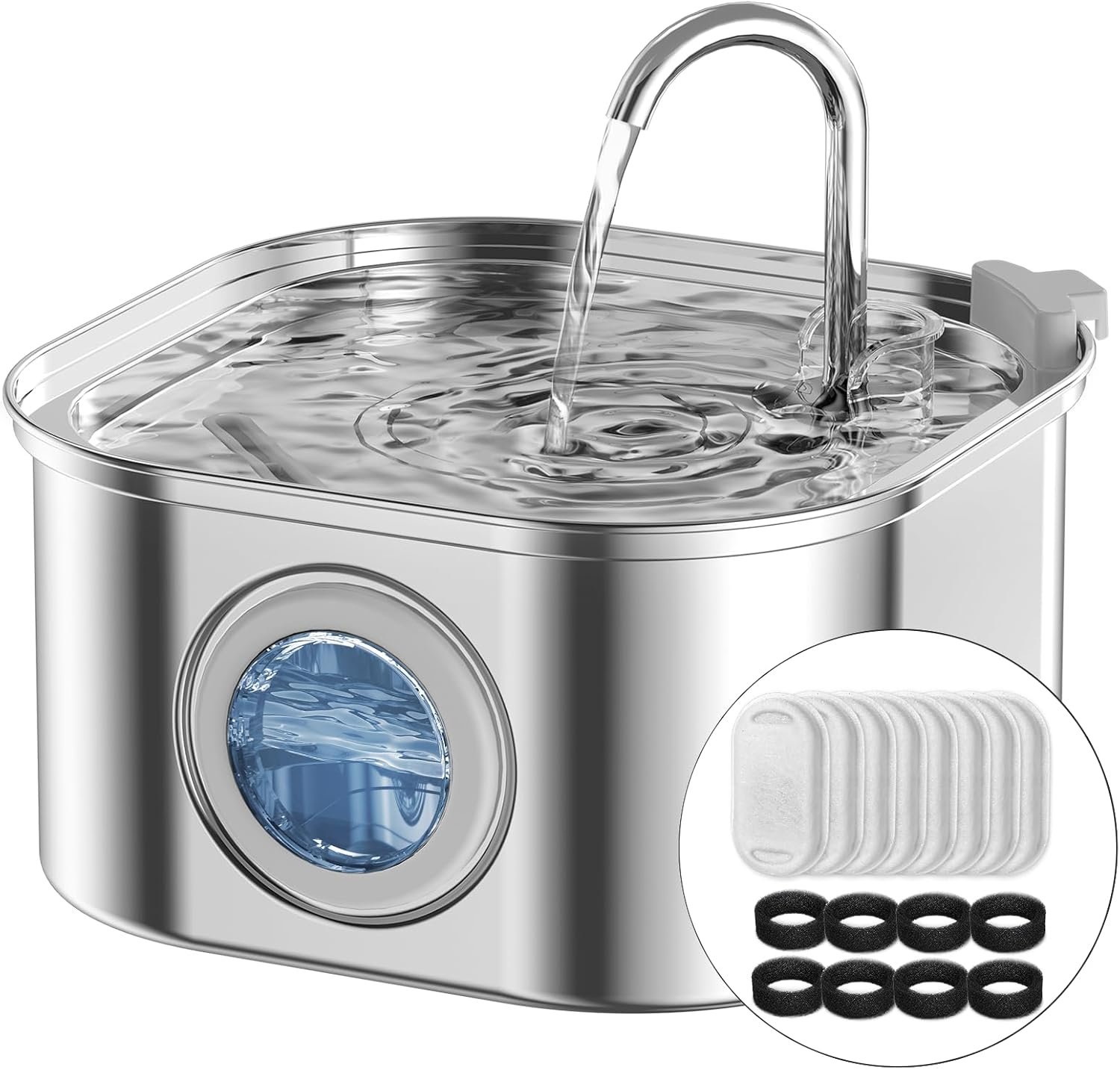 Cat Water Fountain Stainless Steel: 108oz/3.2L Automatic Pet Water Fountain – Dog Water Dispenser with Water Level Window – for Cats Inside with 8 Replacement Filters and 8 Sponges