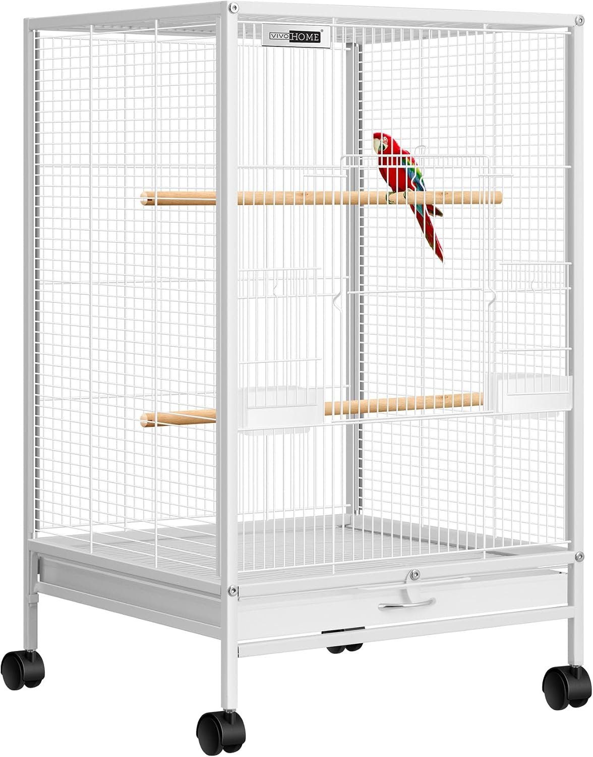 VIVOHOME Wrought Iron Bird Cage with Rolling Stand, 30 Inch Height | Standing Bird Flight Cage with Casters, Slide-out Tray for Parakeets Cockatiels Lovebirds Canaries Finches Conures, Whtie