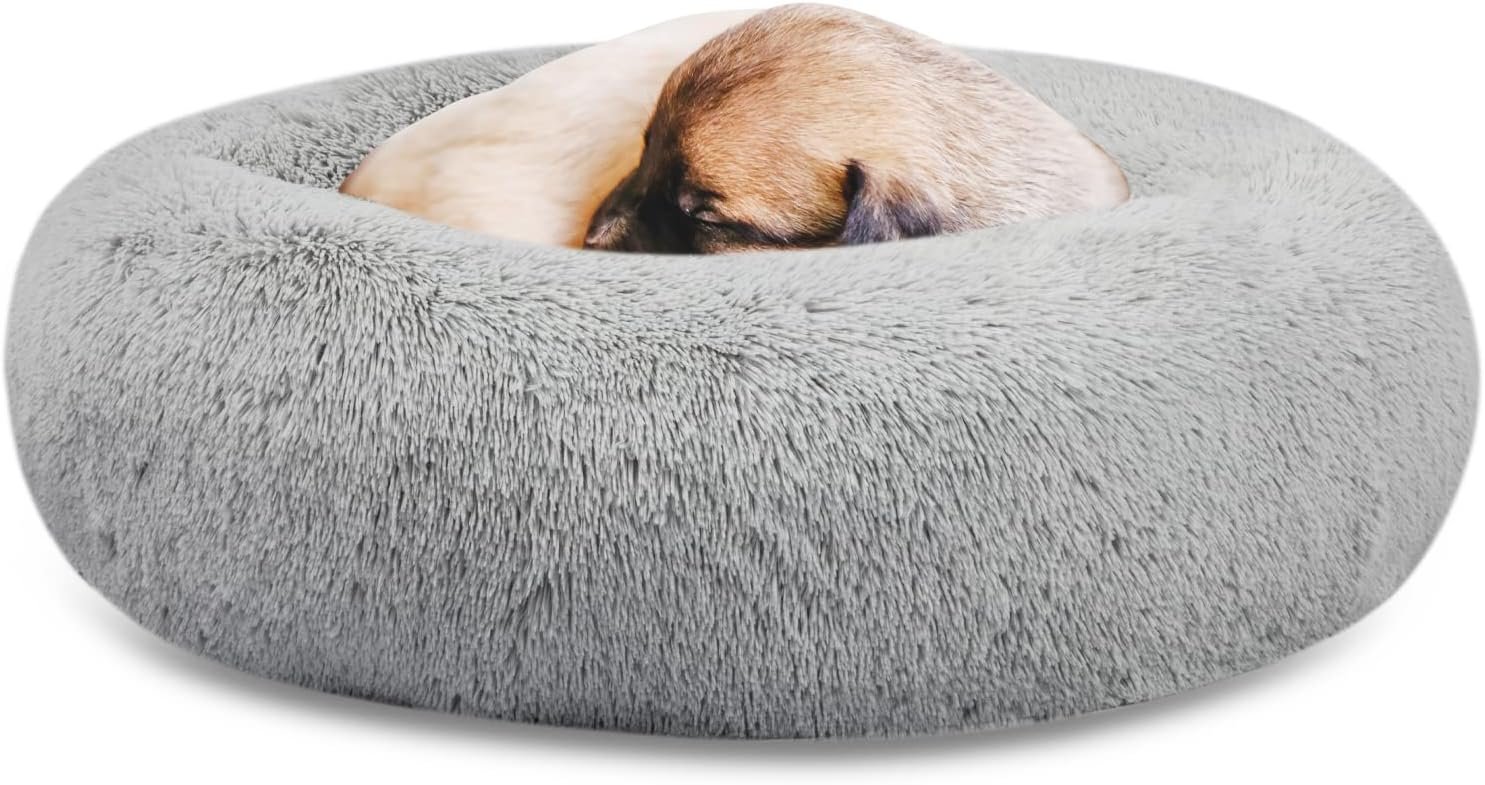 SAVFOX 20 inches Calming Donut Dog Bed – 3X Durable Plush Faux Fur, Machine Washable & Non-Slip, Fits up to 15 lbs, Light Grey