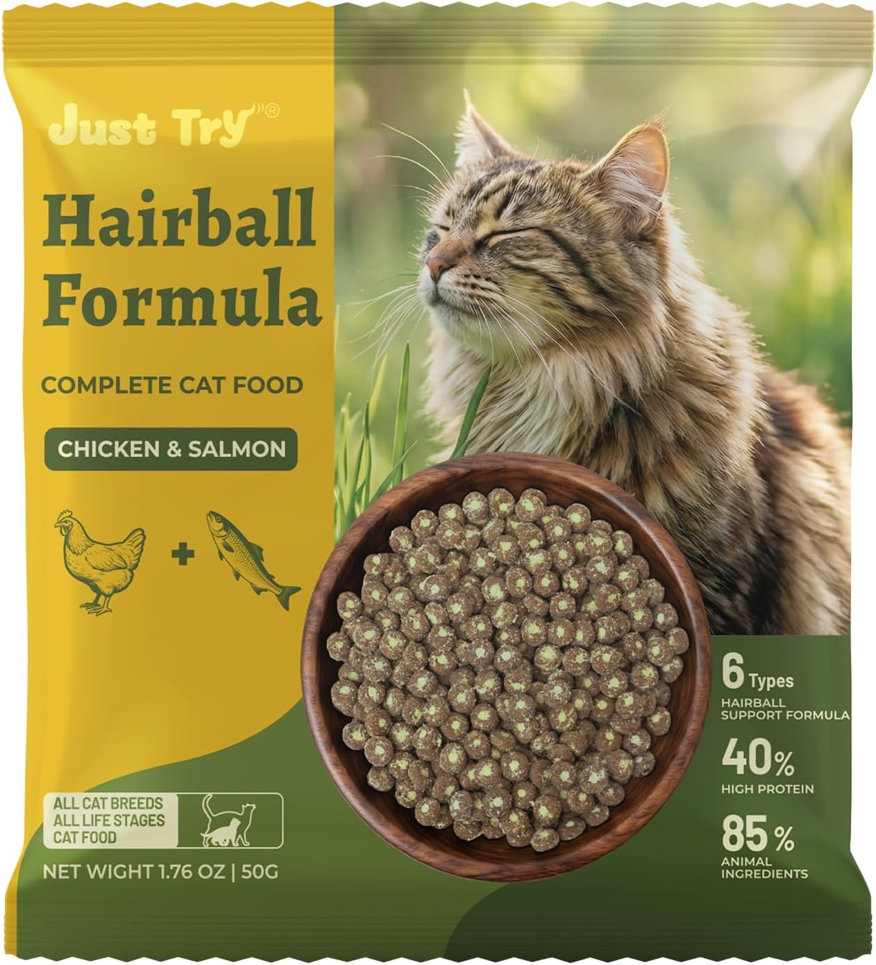 Just Try Hairball Relief Cat Food with Cat Grass, Pumpkin & Taurine, 50g | Contains 40% Protein, Rich in Salmon & Chicken, With Psyllium Husk & Cranberry. For Hairball & Digestive Support, Grain Free.