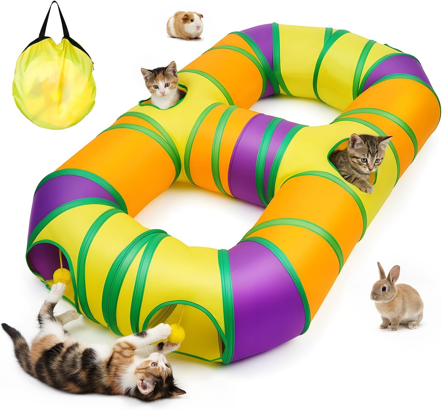 Cat Tunnel for Indoor Cats 8-Shaped, Collapsible Cat Playhouse Pet Play Tunnel Tube Maze with Hanging Pom-poms and Interactive Hole for Kitten, Kitty, Puppy, Rabbits, Ferret, Guinea Pig