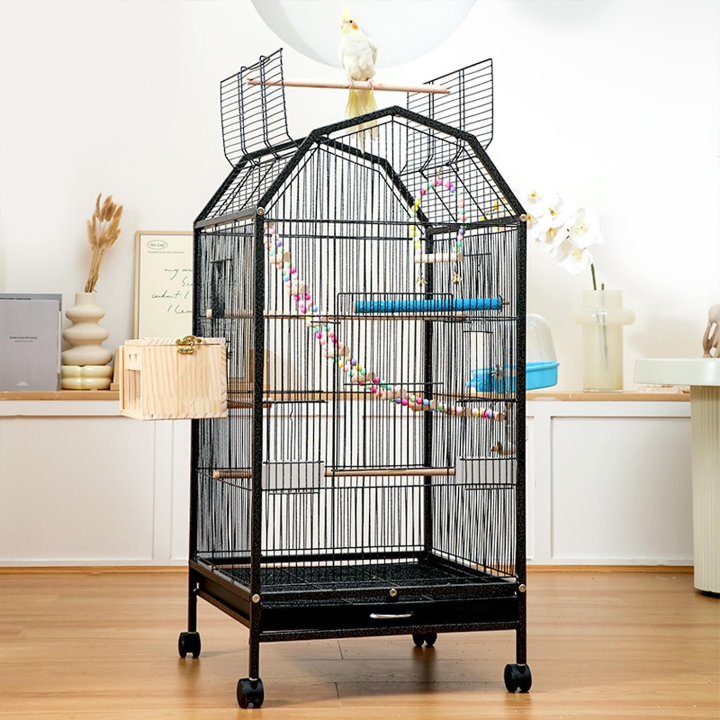 40inch Bird Cage with Rolling Wheels, Open-Top Parrot Cage Sturdy Iron Pet Bird Flight Cage Large Birdcage for Parrots Cockatiels Conure Budgie Canary (Black)
