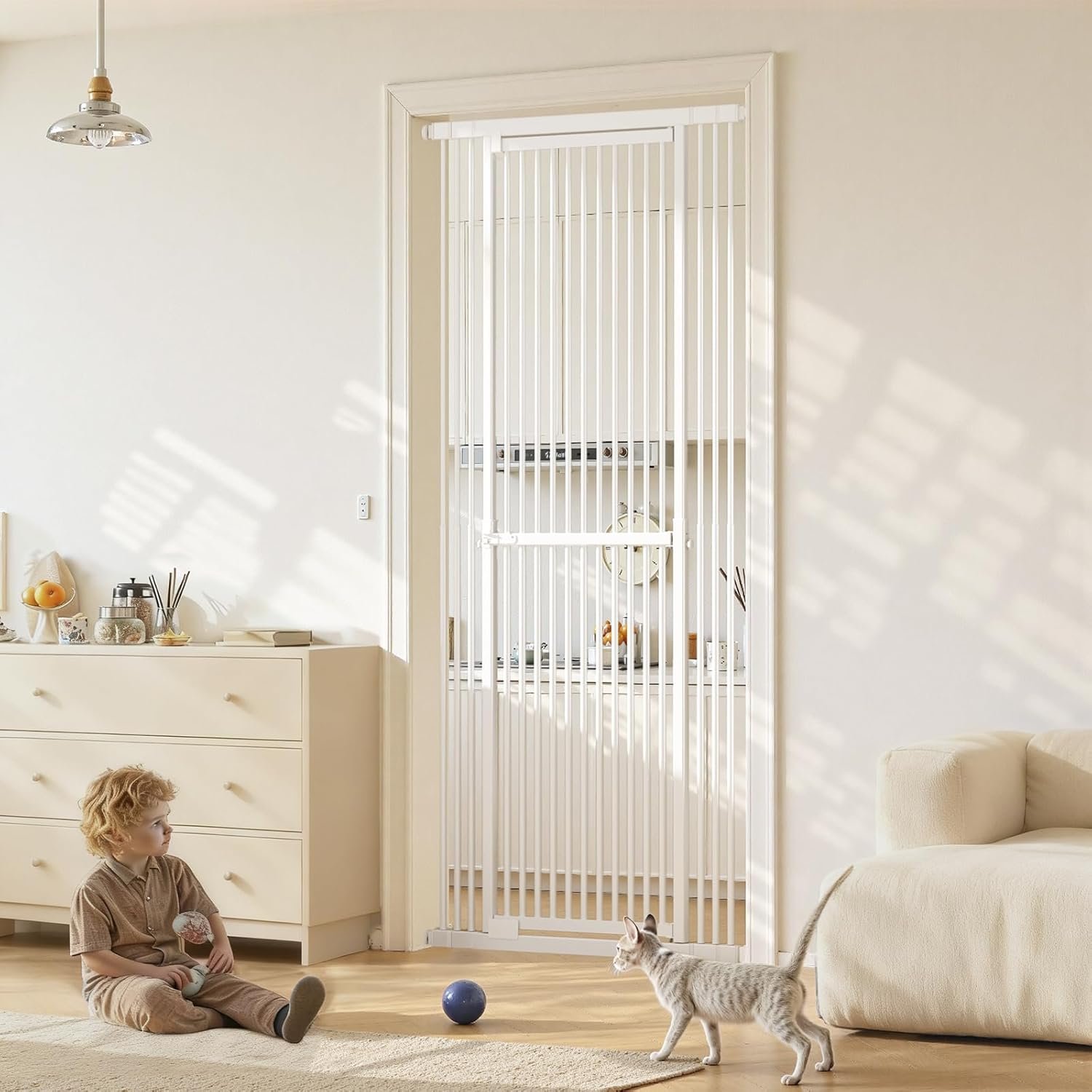 Gardner Pet 51″-87″ Extra Tall Cat Gate for Doorway, Wide Adjustable 27.56″-37″ Baby Gate Included 4 Extension Kits, Pressure Mounted Safety Full Door Gate for Stairs, Studio, Kitchen (White)