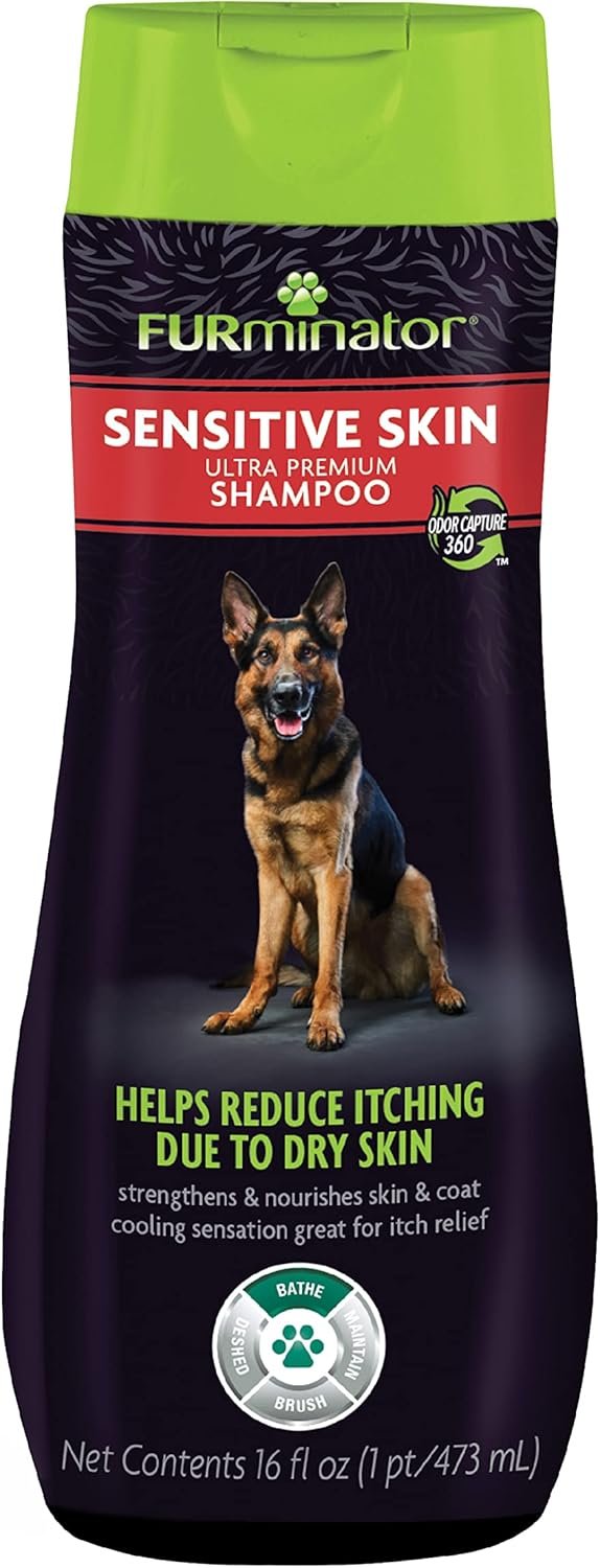 FURminator Sensitive Skin Dog Shampoo, 16 oz | Helps Reduce Itching Due To Dry Skin, Calendula Extract & Menthol For Cooling Sensation, No Parabens Or Dyes