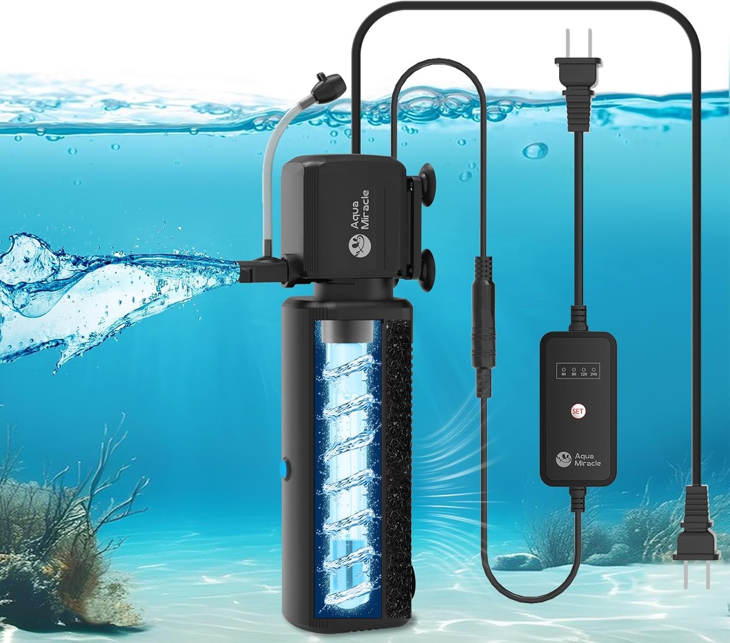 AquaMiracle Aquarium Filter with U – V Light & Filter Sponge, Fish Tank Filter with Timer for Green Water, Turtle Filter with Aeration & Rainfall Mode for Aquarium 10-30 Gallon