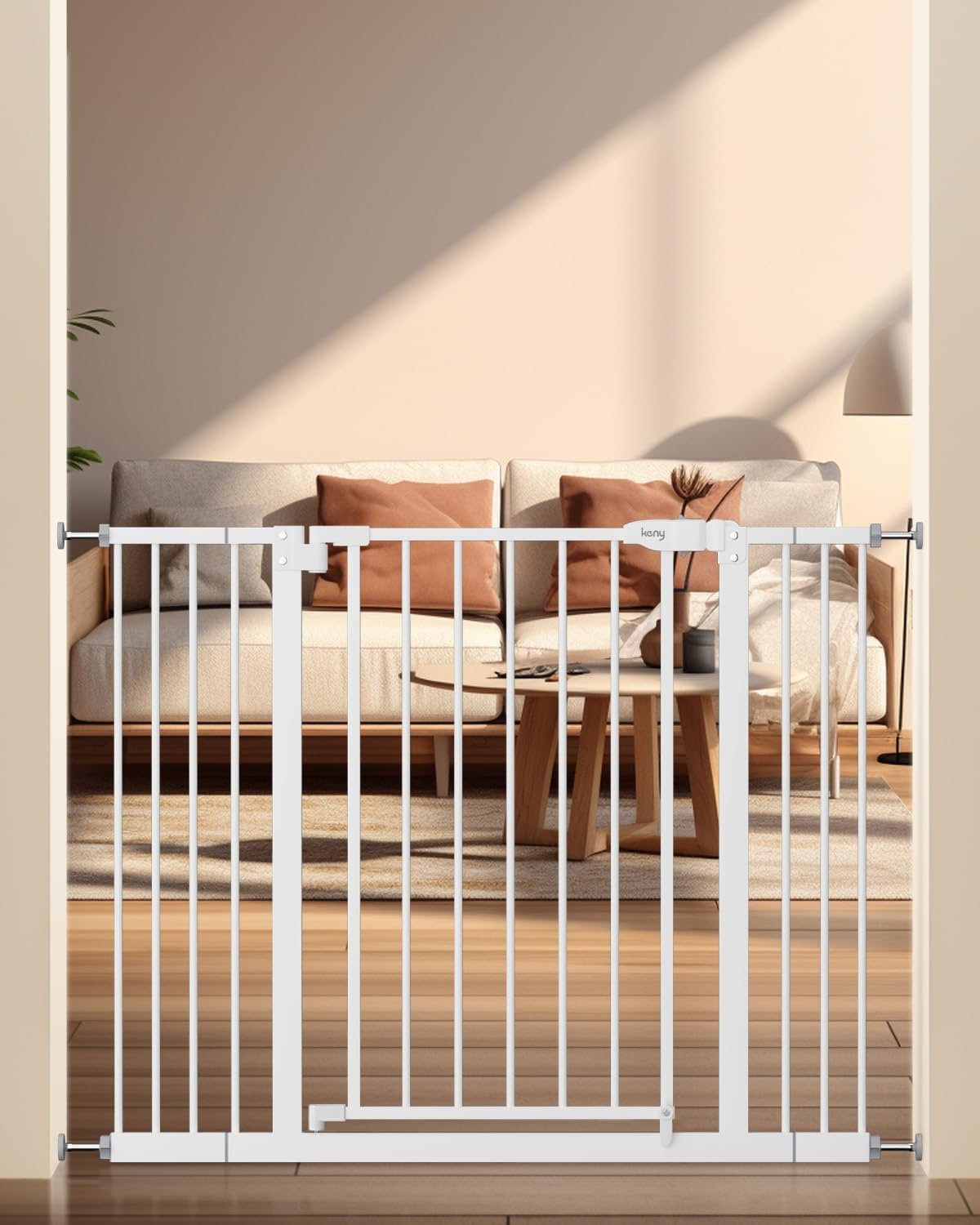 keny 29″-42.5″ Baby Gate for Stairs, Auto Close Safety Dog Gate | Pressure Mounted Easy Walk Through Pet Gate for Doorways, Durable Stair Gate, 30″ Tall, White