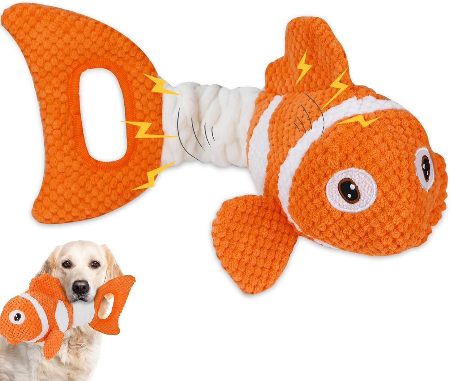 Squeaky Clownfish Dog Toy, Plush Crinkle Tug Toy with Handle | Pineapple cotton plush with squeaker, crinkle paper, stretchable body, and tug handle for interactive indoor or outdoor play