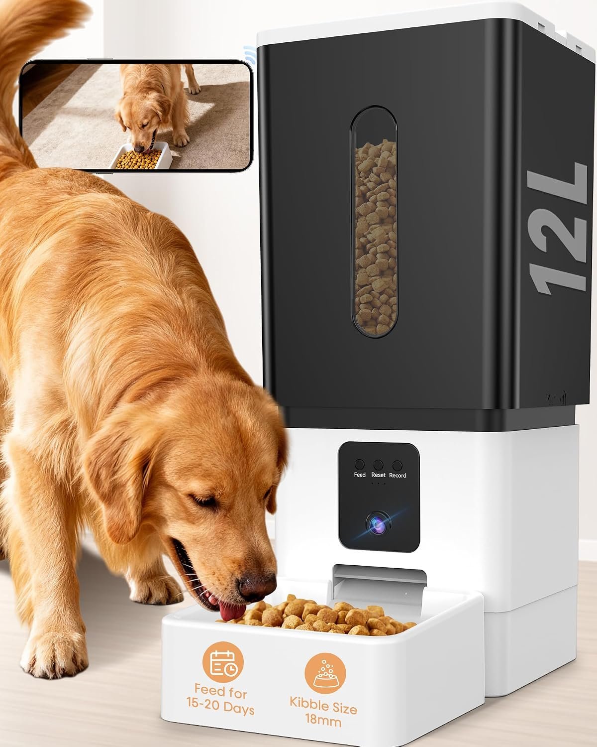 Automatic Dog Feeder, Dog Food Dispenser Automatic, 12L for Large Breed | 20 Days Food Capacity, Anti-Clog 0.78inch Large Kibble, 1080P HD Camera, APP Control for Office Workers