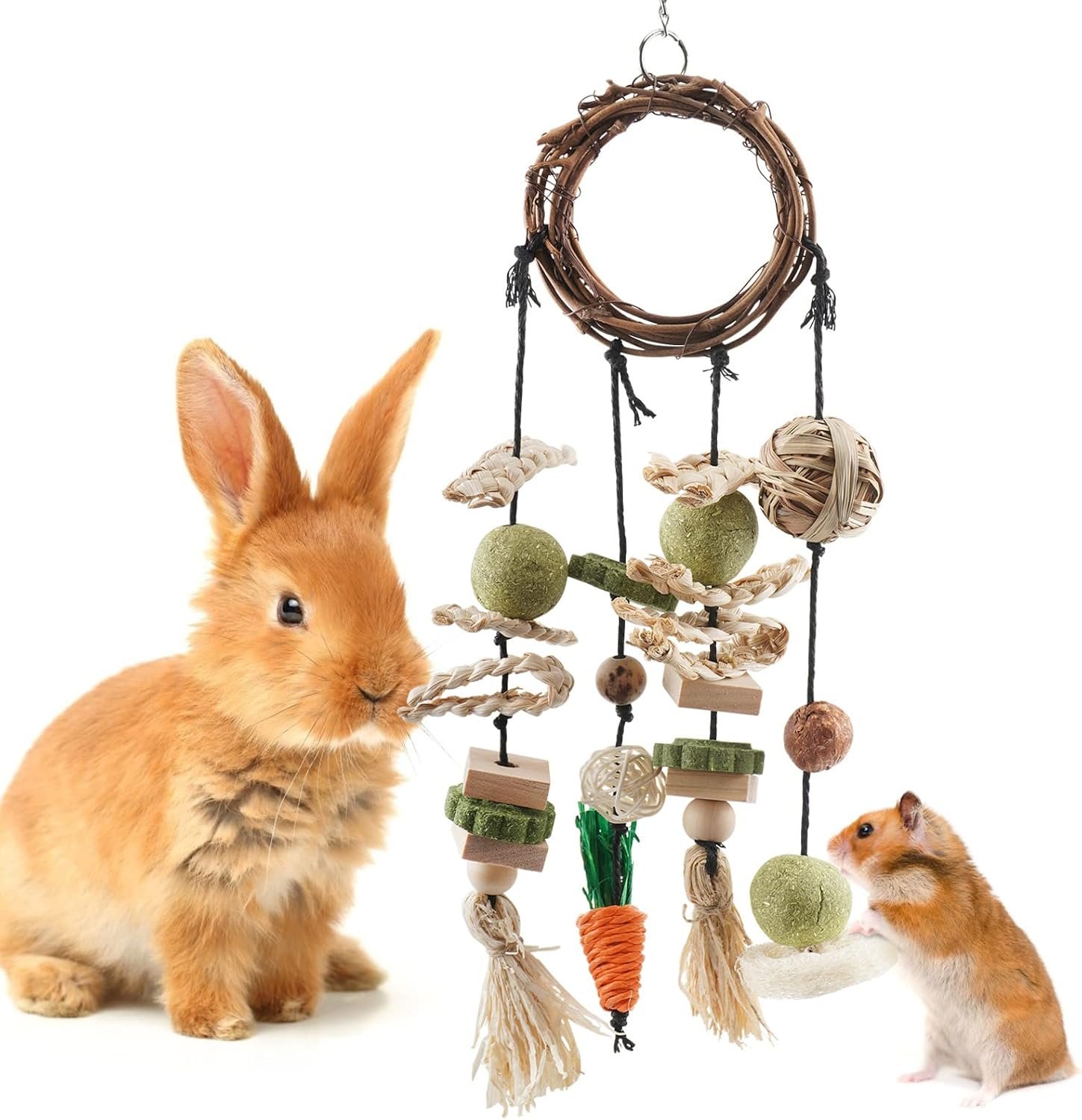 Bissap Bunny Chew Toy, Rabbits Cage Hanging Chew Toys and Treats Grapevine Wreaths Rattan Ring with Snacks for Guinea Pigs Chinchillas Hamsters Rats and Other Small Pets Teeth Grinding