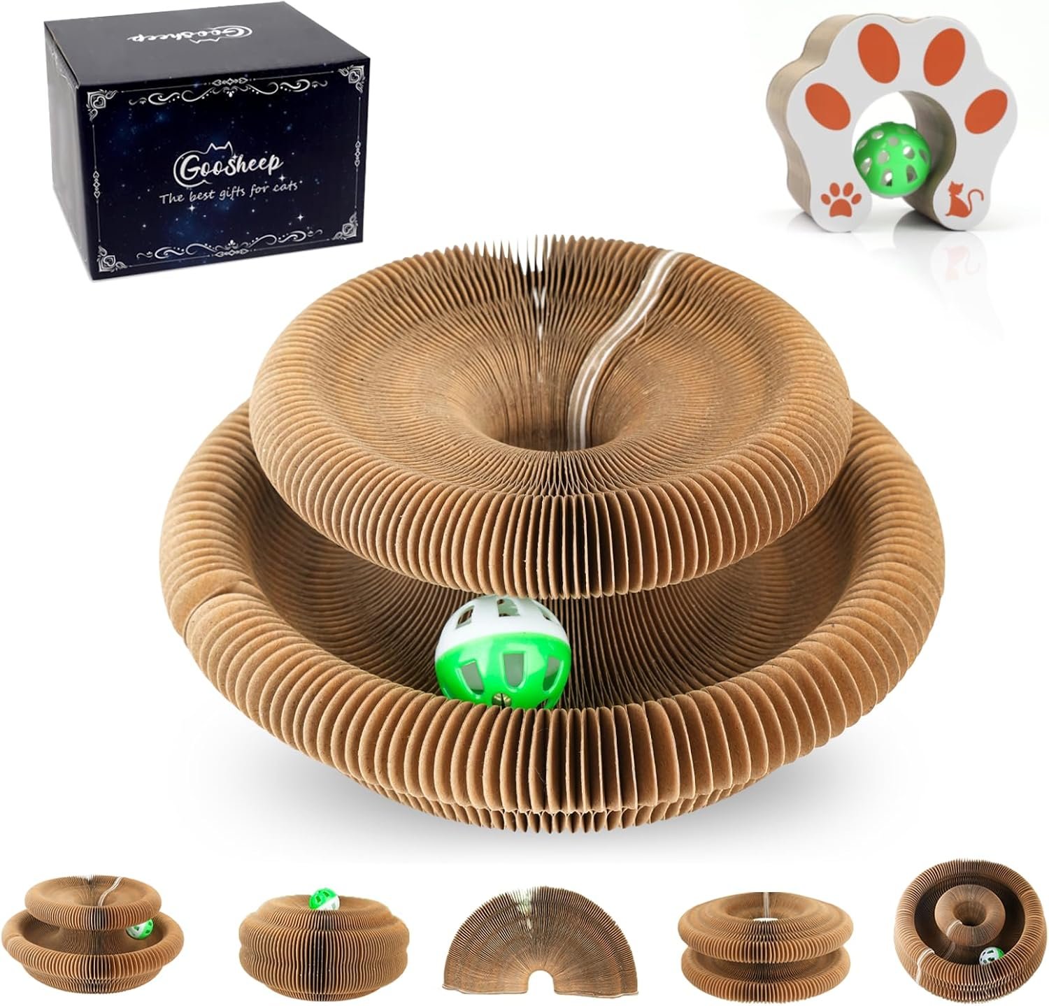 Goosheep 1 Pack Kitty Kurlz Cat Scratcher Toy Interactive for Indoor Cats | Magic Organ Cardboard Cat Scratching Post, Foldable Cat Toy with Bell, Exercise&Play for Indoor Small&Medium-Sized Cats