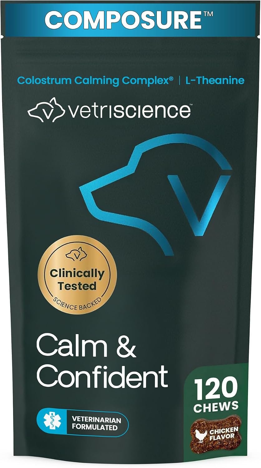 VetriScience Calm & Confident Chews, Composure Clinically Tested Calming and Anxiety Supplement for Dogs, Reduce Stress and Fear, Ideal for Thunderstorms, Fireworks and Travel, Chicken, 120 Count