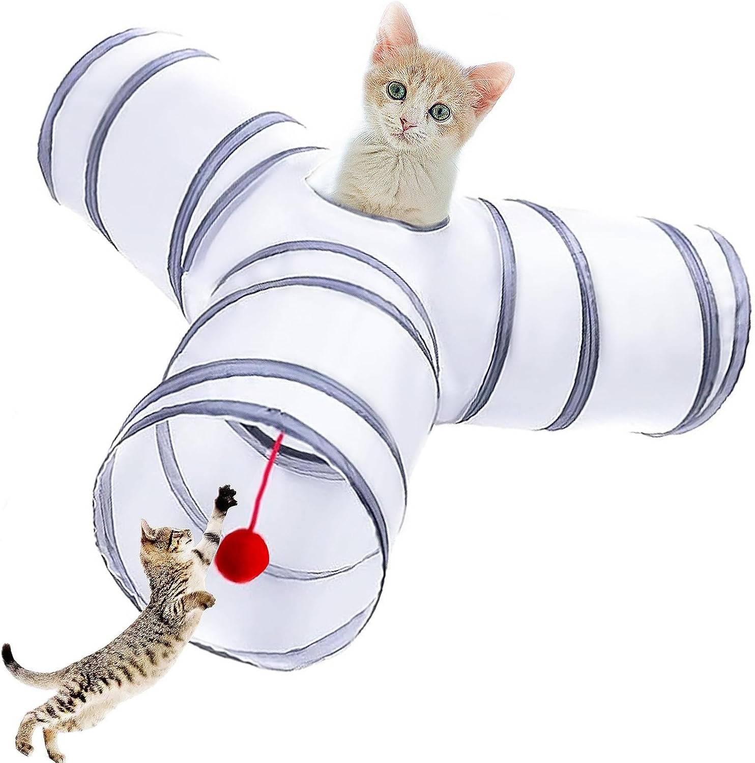 Cat Tunnel Tube Toys, 3 Ways Tunnels for Indoor Cats with Play Ball | Collapsible Pet Tube with Interactive Peephole Interactive Toy for Rabbits, Kittens, Ferrets, Puppy(White Gray)
